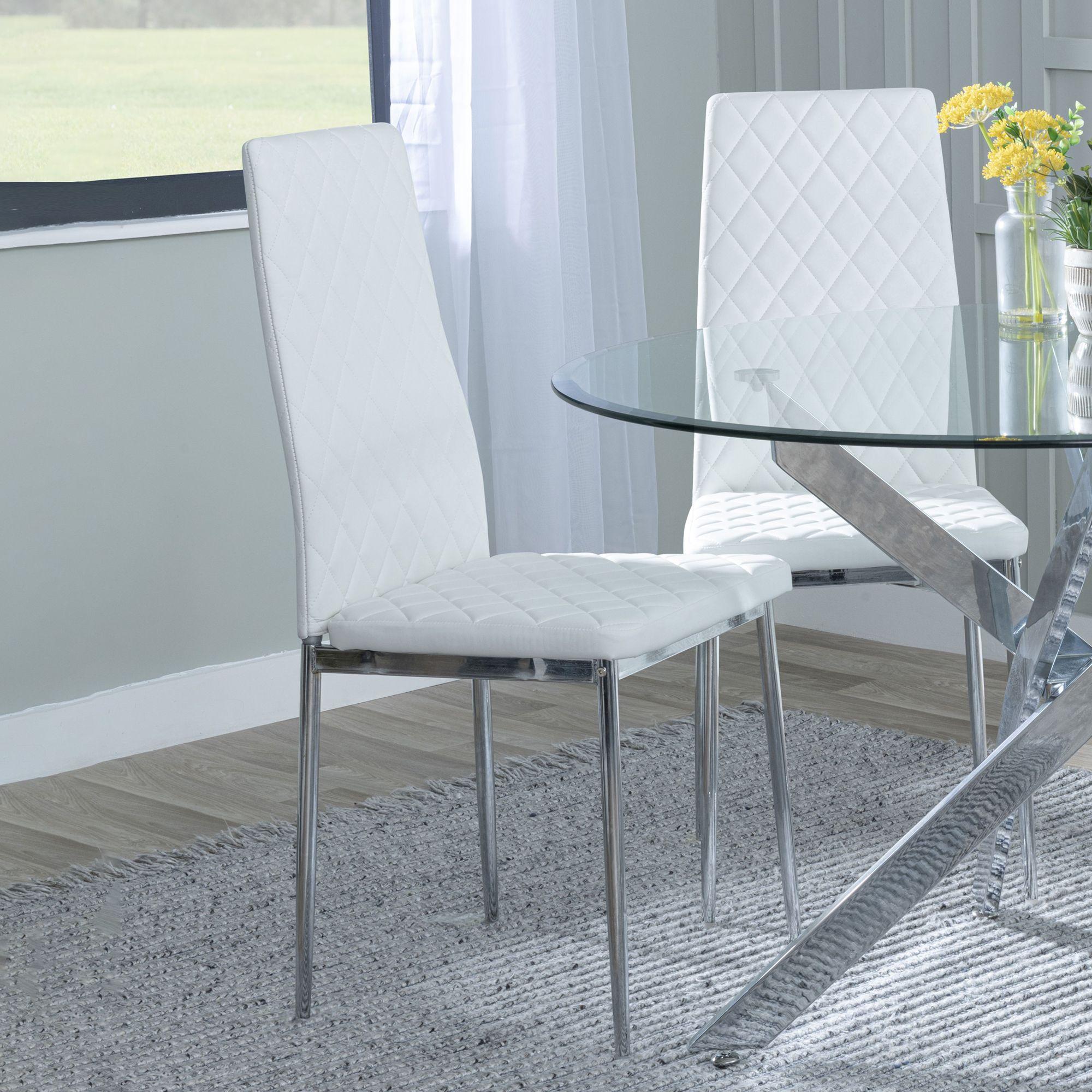 Set of 2 Metro Dining Chairs in White Colour Leather and Chrome Metal Legs