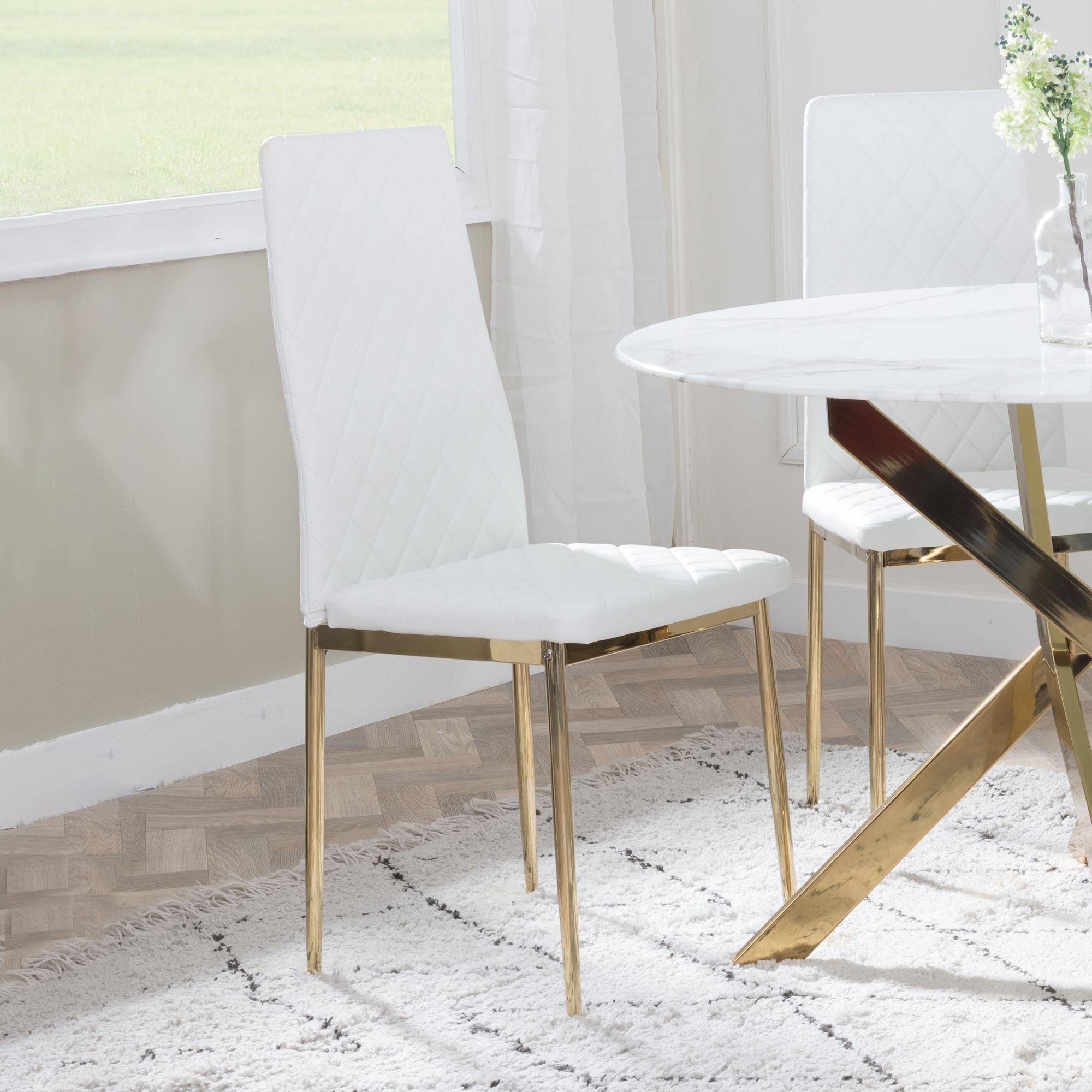 Set of 2 Metro Dining Chairs in White Colour Leather and Gold Metal Legs