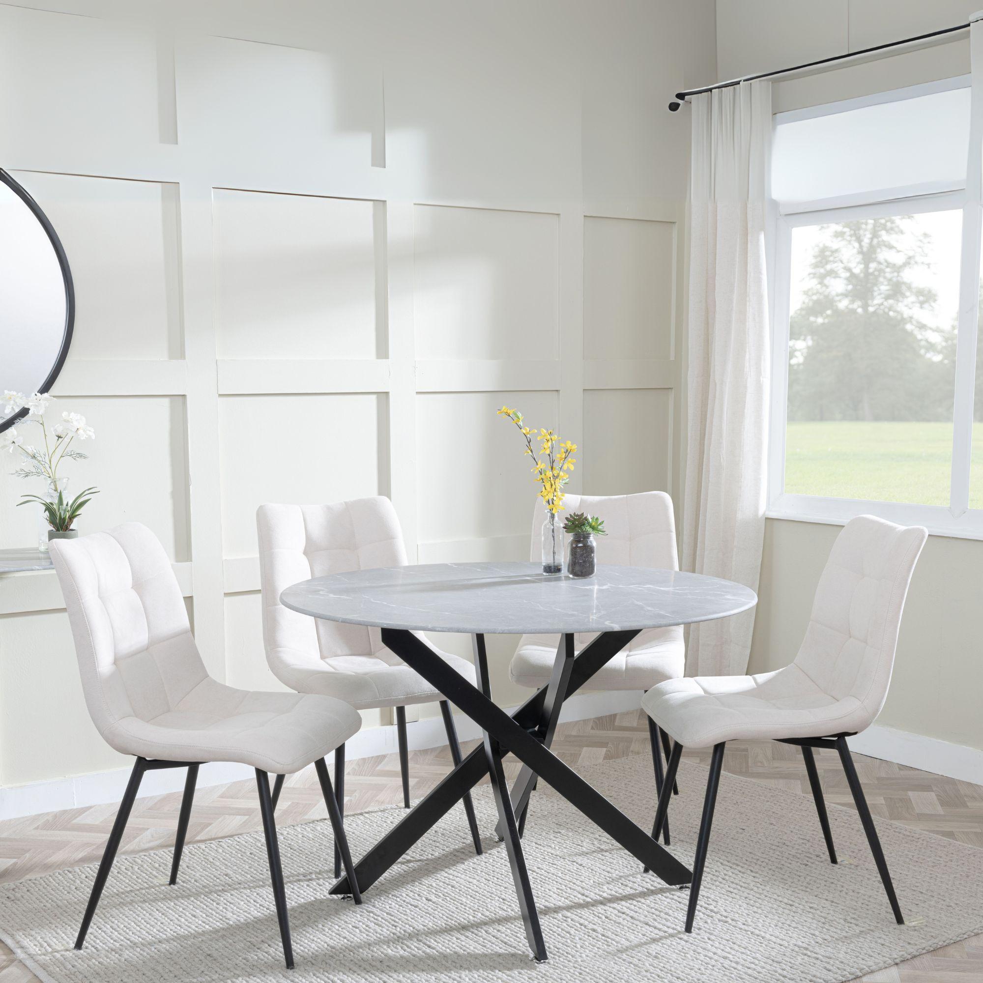 Clearance - Chopstick Grey Glass and Black Metal 4 Seater Round Dining Set - 4 Corona Beige Fabric Chairs