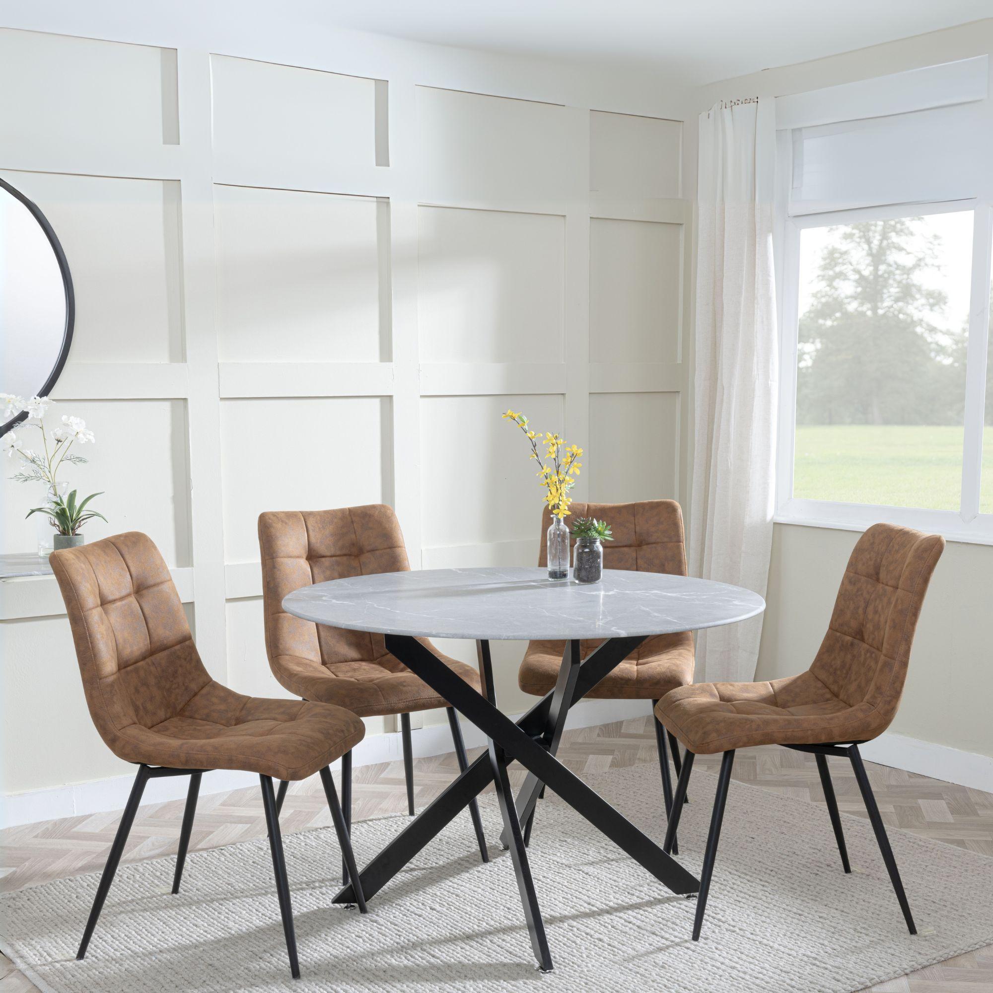 Clearance - Chopstick Grey Glass and Black Metal 4 Seater Round Dining Set - 4 Corona Brown Fabric Chairs
