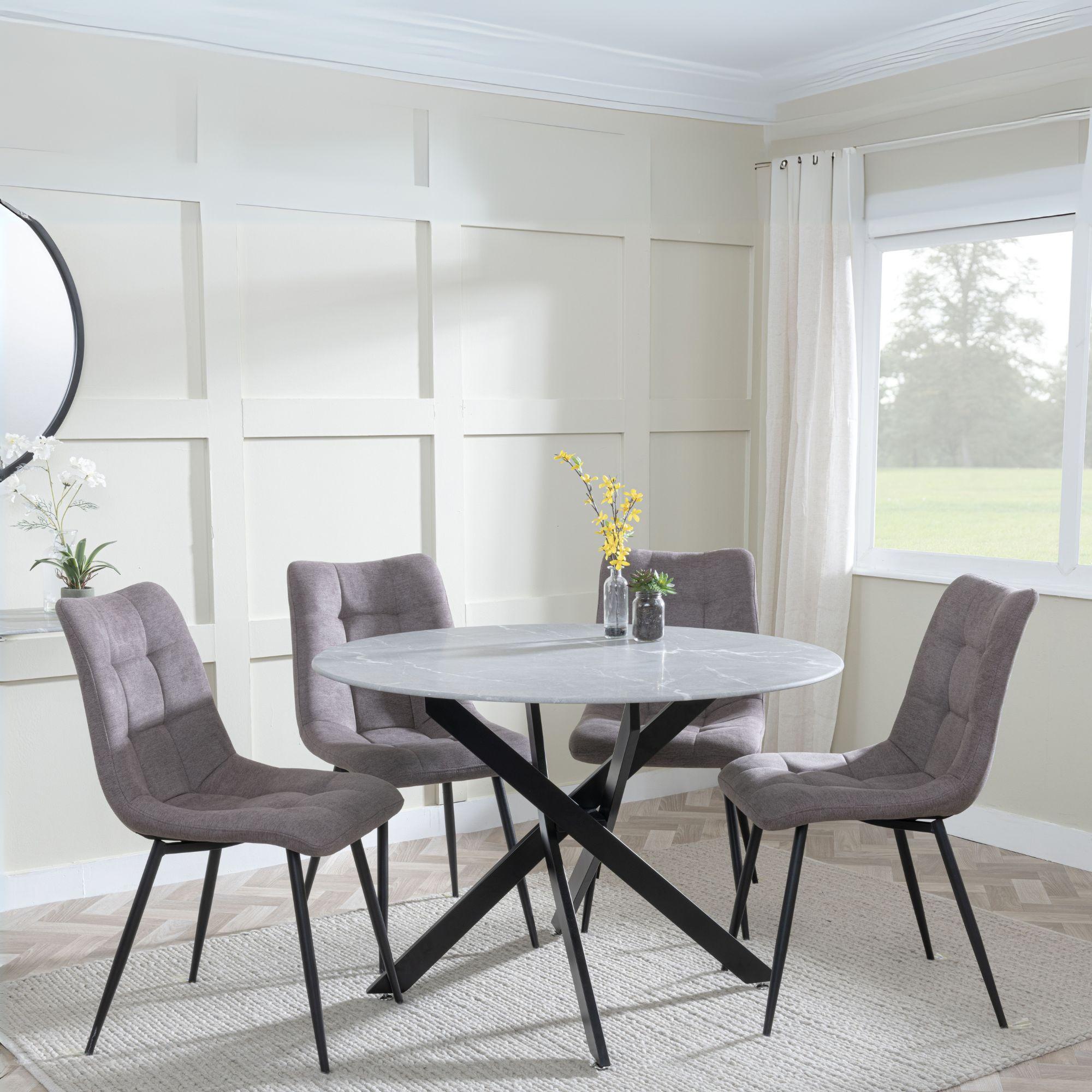 Clearance - Chopstick Grey Glass and Black Metal 4 Seater Round Dining Set - 4 Corona Camel Fabric Chairs