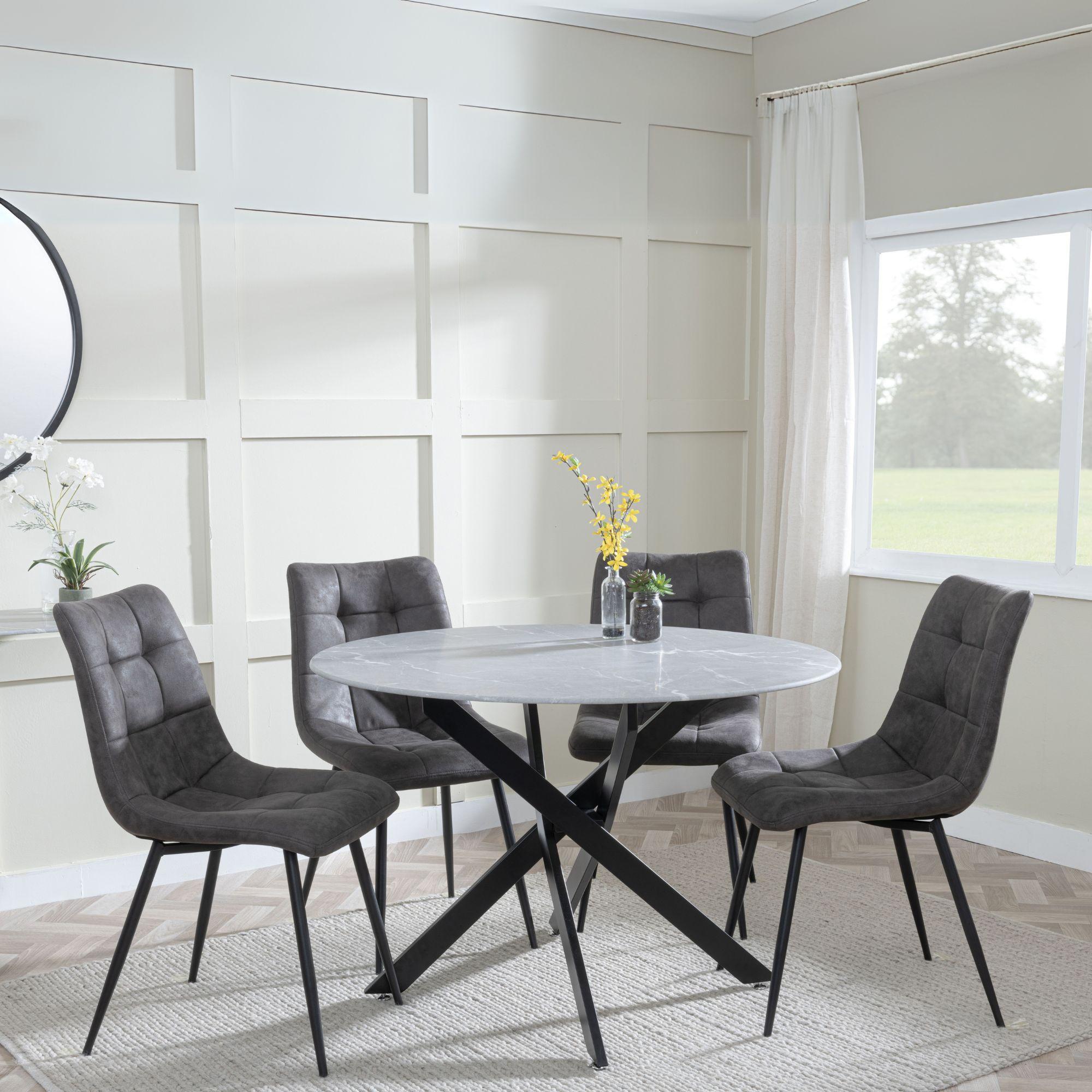 Clearance - Chopstick Grey Glass and Black Metal 4 Seater Round Dining Set - 4 Corona Grey Fabric Chairs