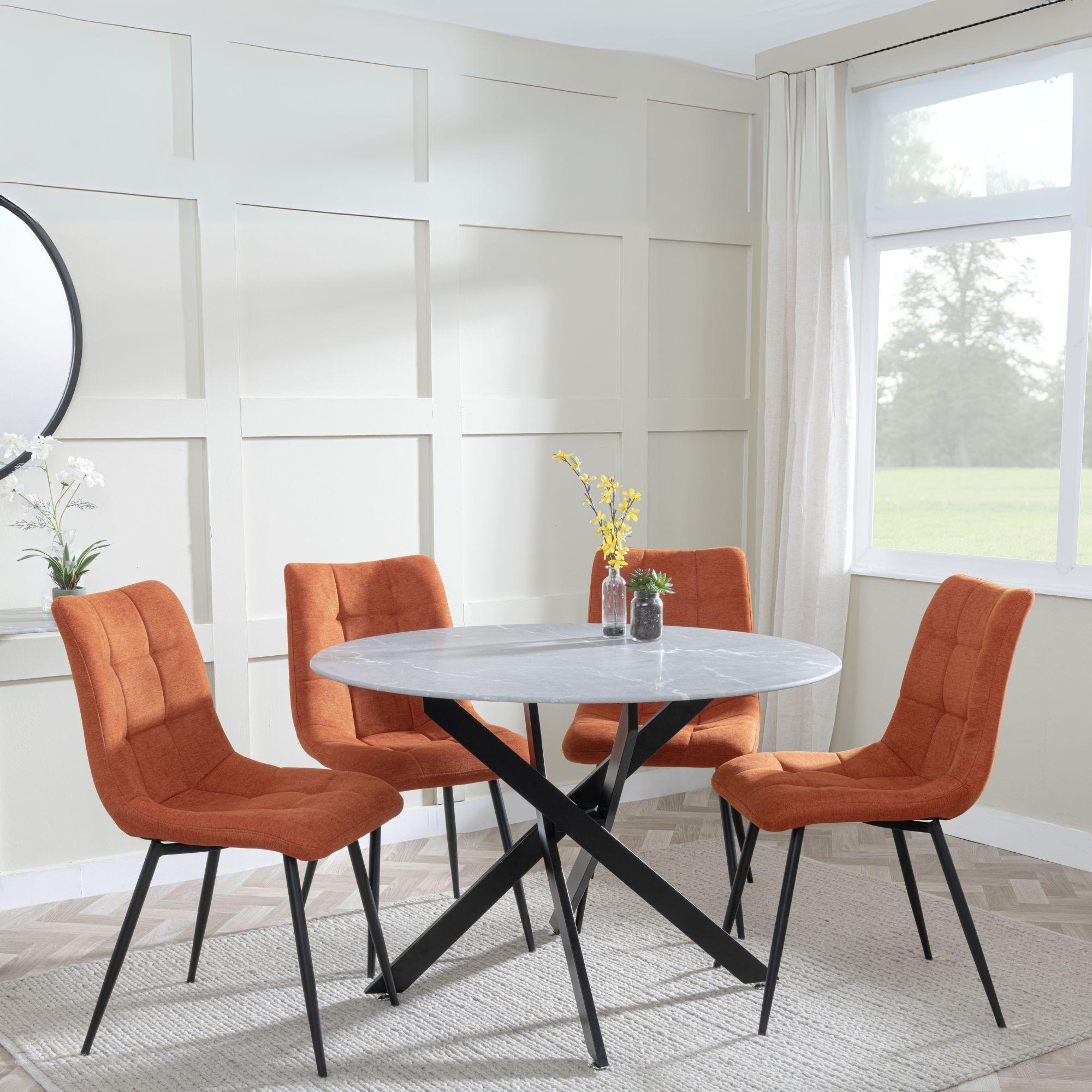 Clearance - Chopstick Grey Glass and Black Metal 4 Seater Round Dining Set - 4 Corona Orange Fabric Chairs