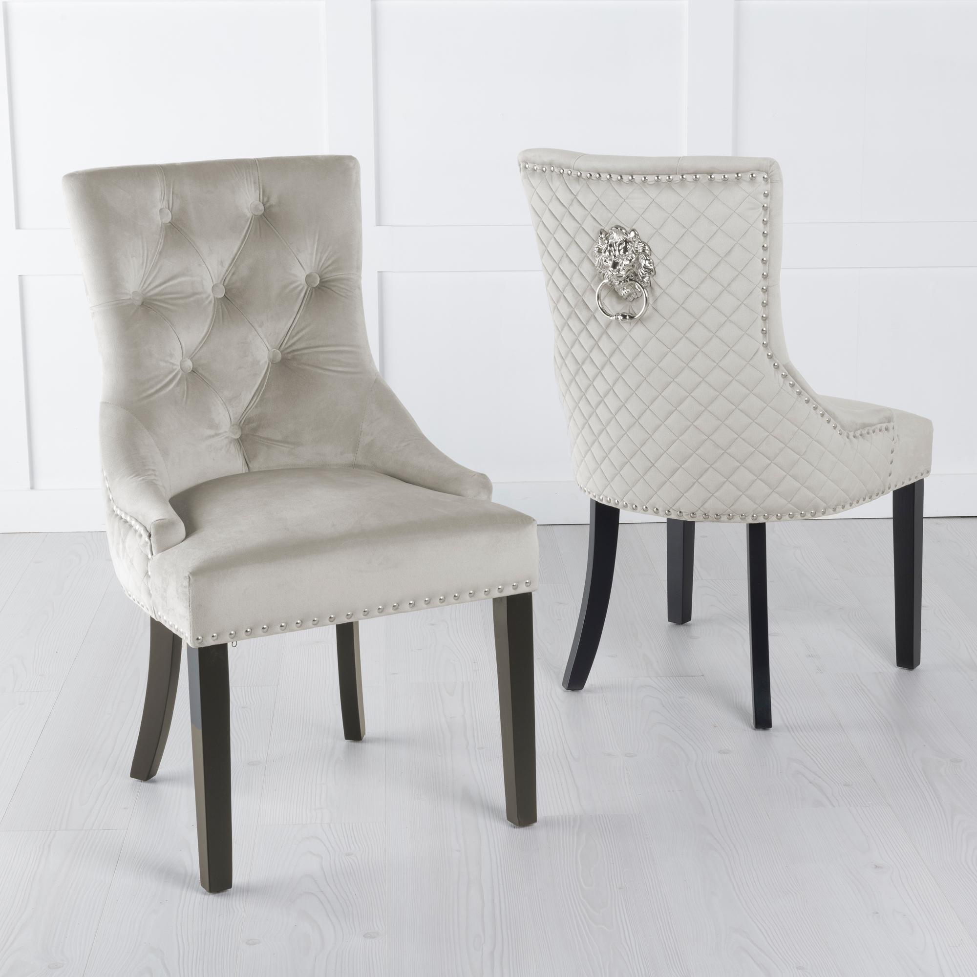 Lion Knocker Back Champagne Velvet Fabric Dining Chair with Black Wooden Legs