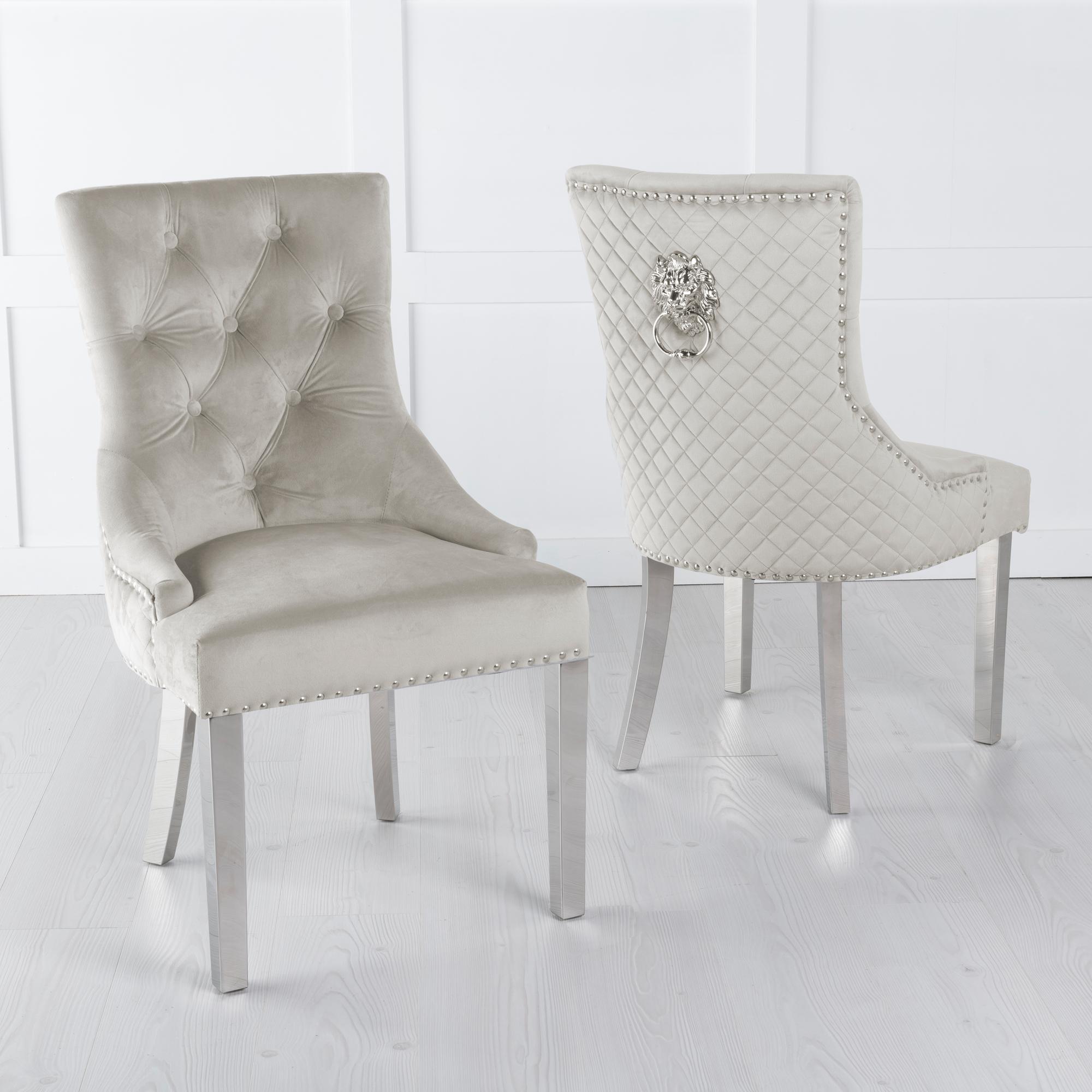 Lion Knocker Back Champagne Velvet Fabric Dining Chair with Chrome Legs