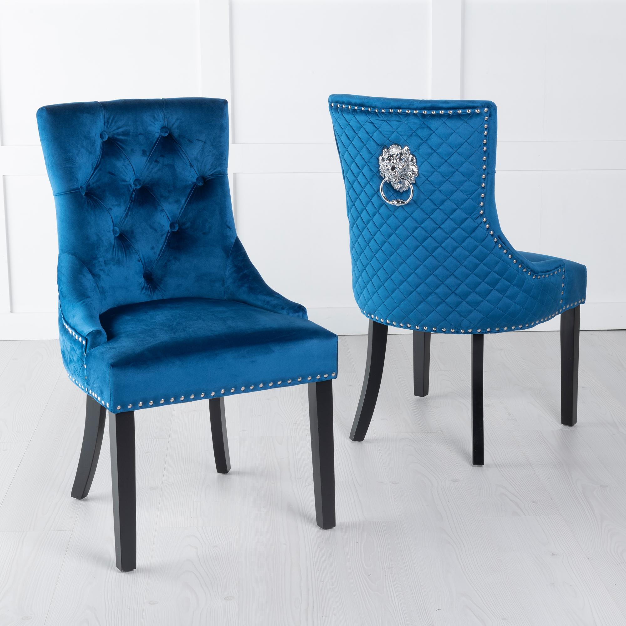 Lion Knocker Back Blue Velvet Fabric Dining Chair with Black Wooden Legs