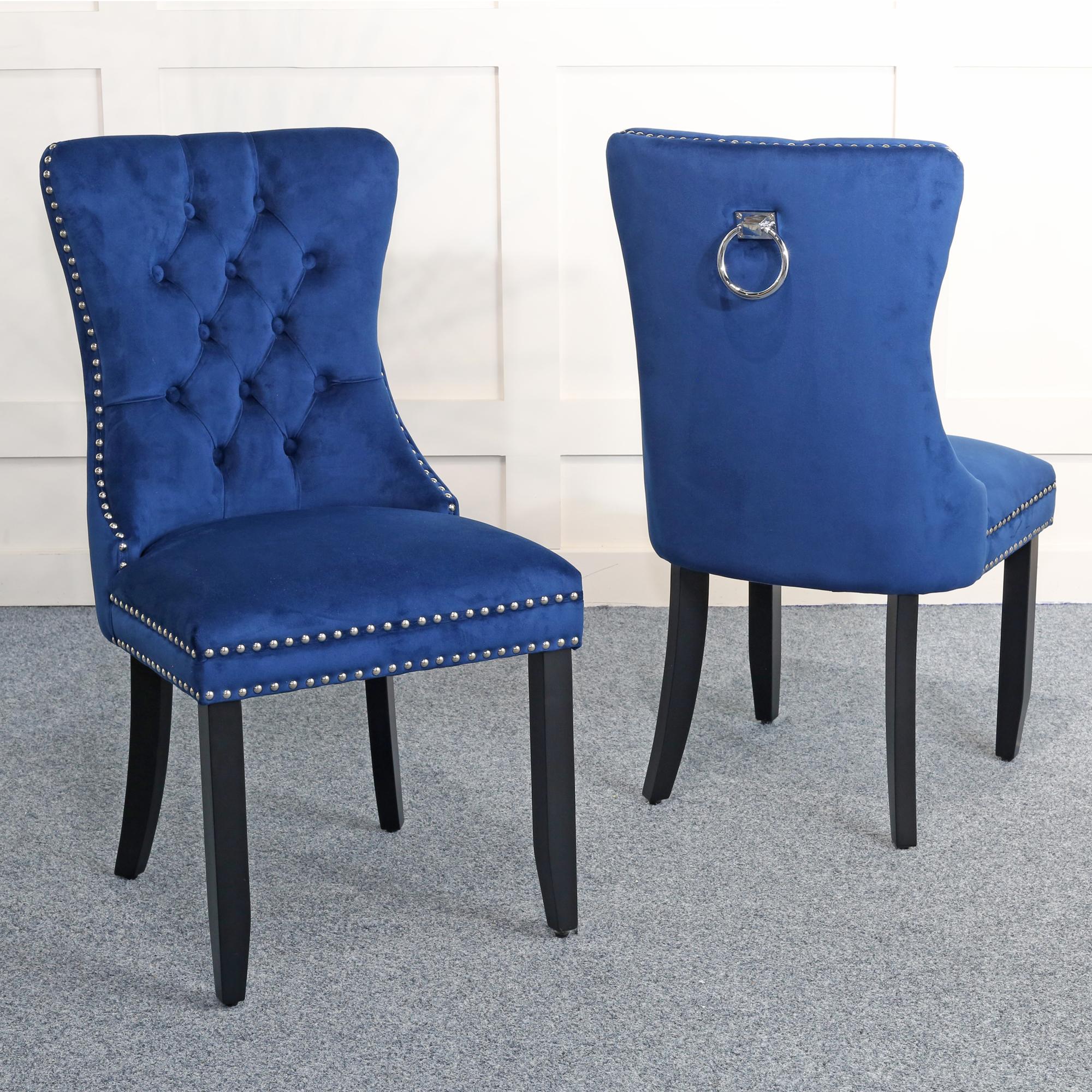 Rivington Knocker Back Blue Velvet Fabric Dining Chair with Black Wooden Legs