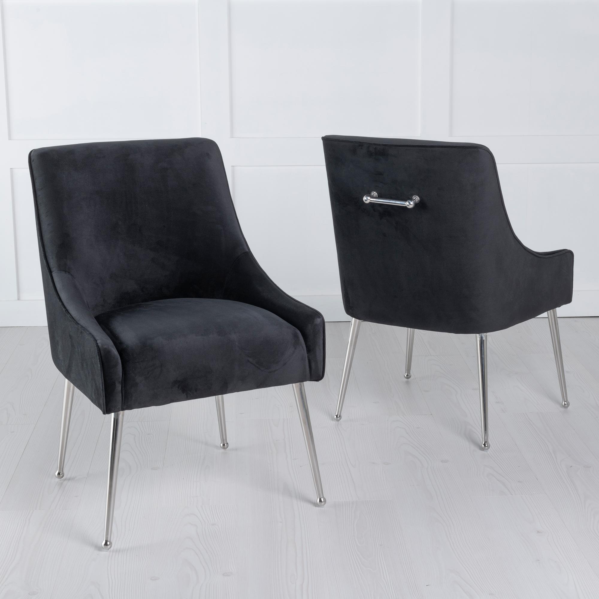 Giovanni Black Velvet Fabric Dining Chair with Back Handle and Chrome Legs