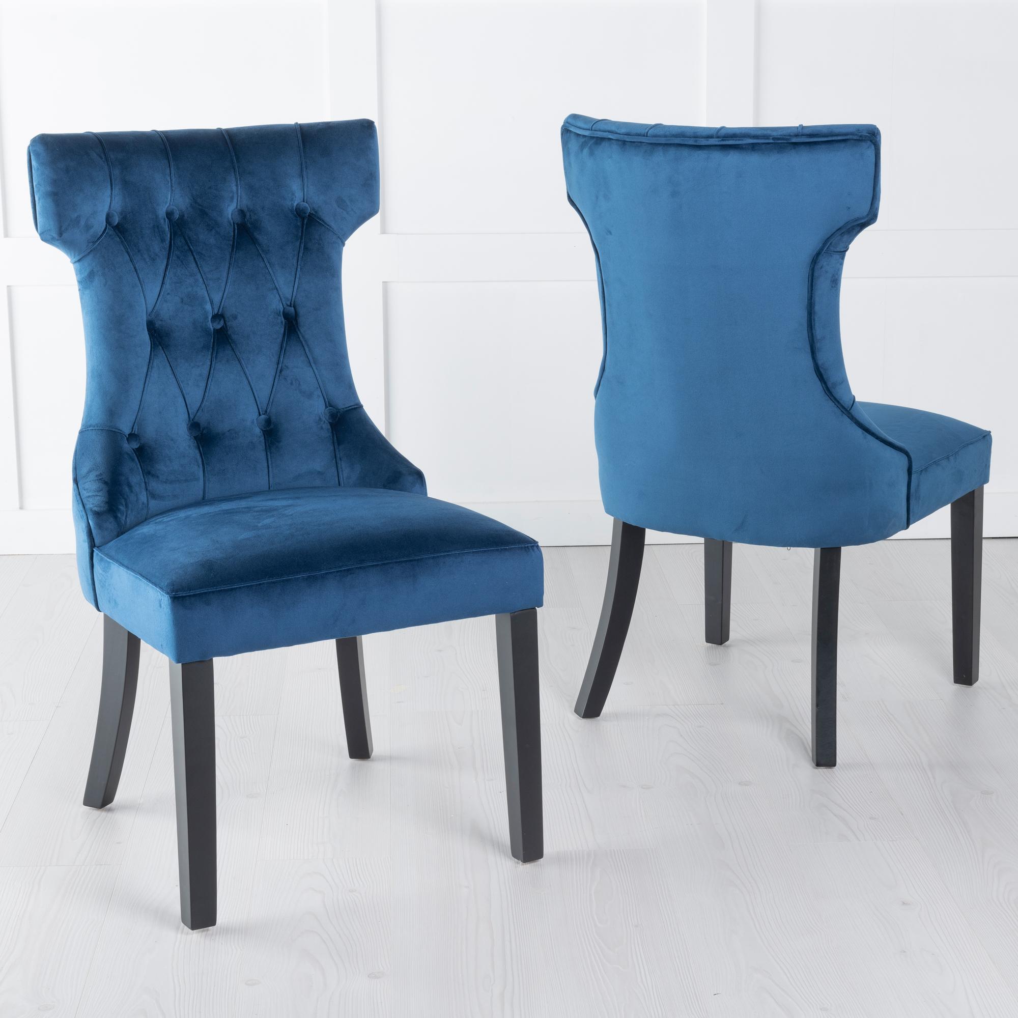 Courtney Blue Velvet Fabric Large High Back Dining Chair with Black Legs