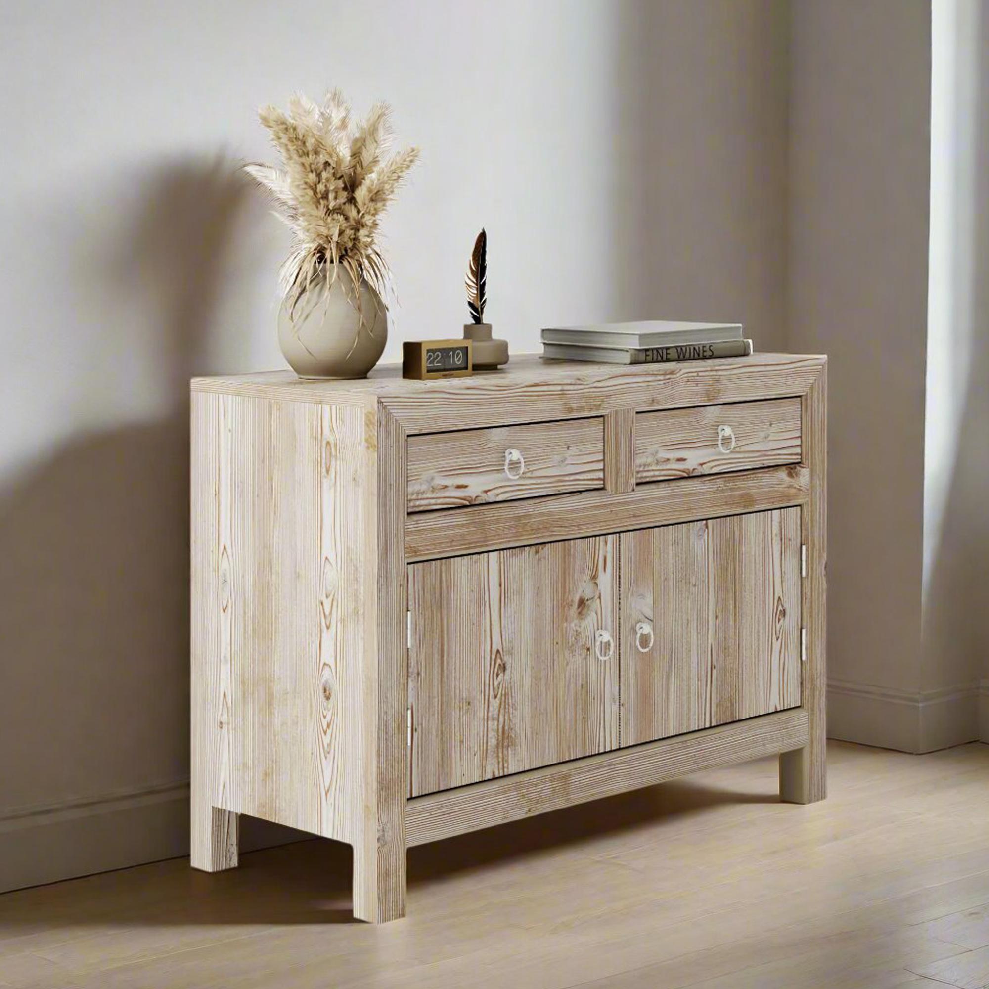 Reclaimed Wood Whitewash 95cm Small Sideboard - 2 Doors