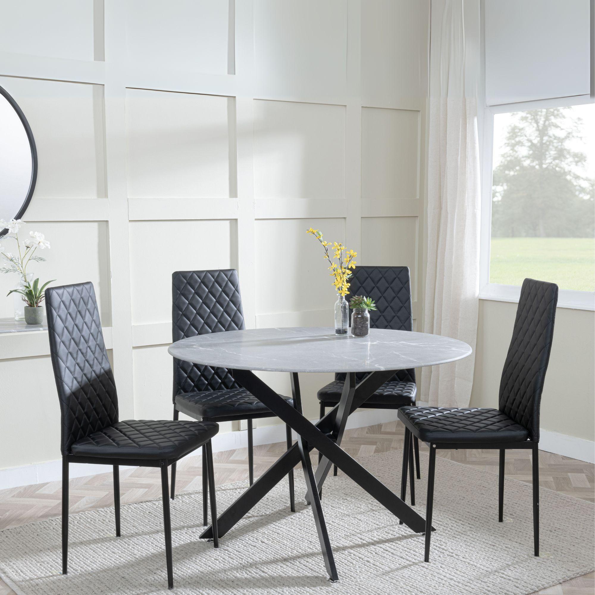 Clearance - Chopstick Grey Glass and Black Metal 4 Seater Round Dining Set - 4 Metro Black Leather Chairs with Black Legs