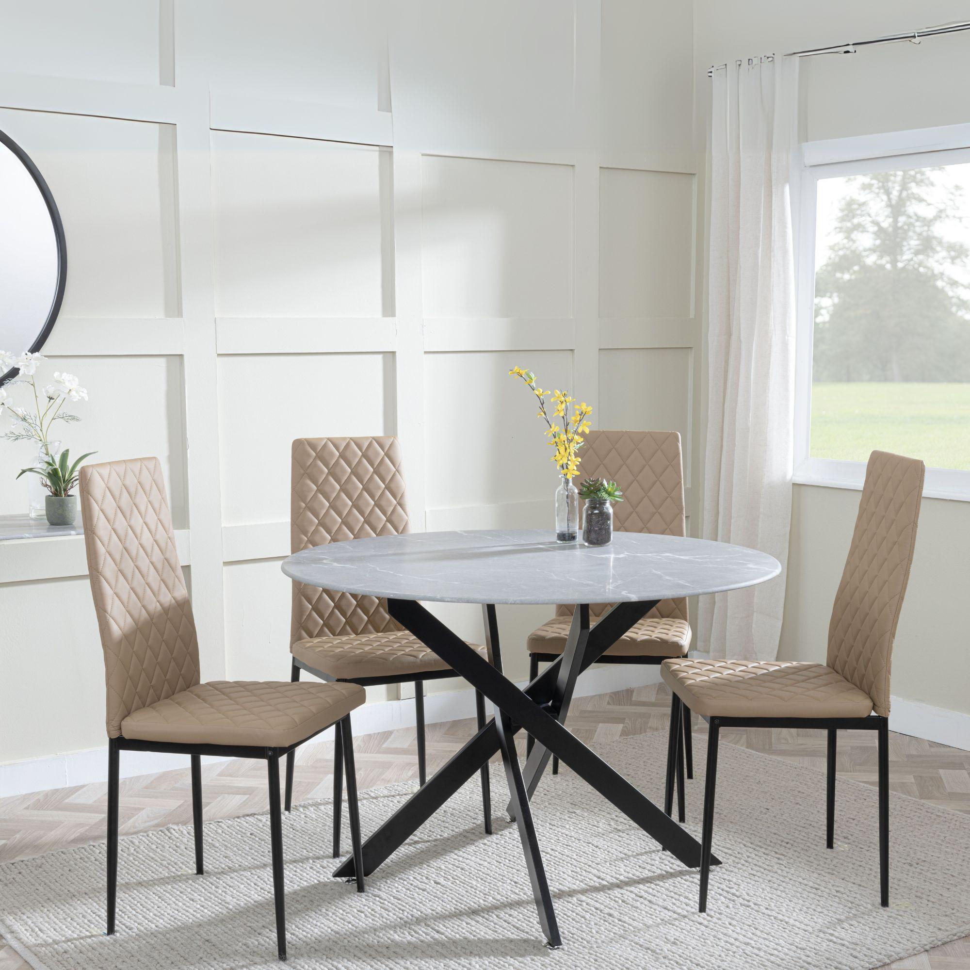 Clearance - Chopstick Grey Glass and Black Metal 4 Seater Round Dining Set - 4 Metro Cappuccino Leather Chairs with Black Legs