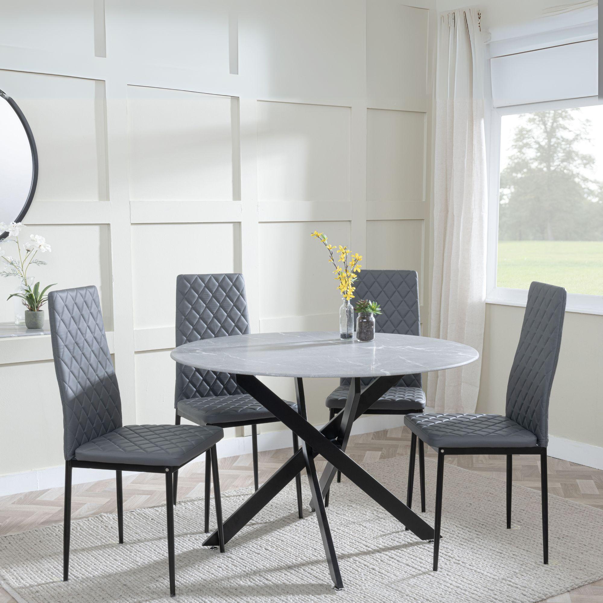 Clearance - Chopstick Grey Glass and Black Metal 4 Seater Round Dining Set - 4 Metro Grey Leather Chairs with Black Legs
