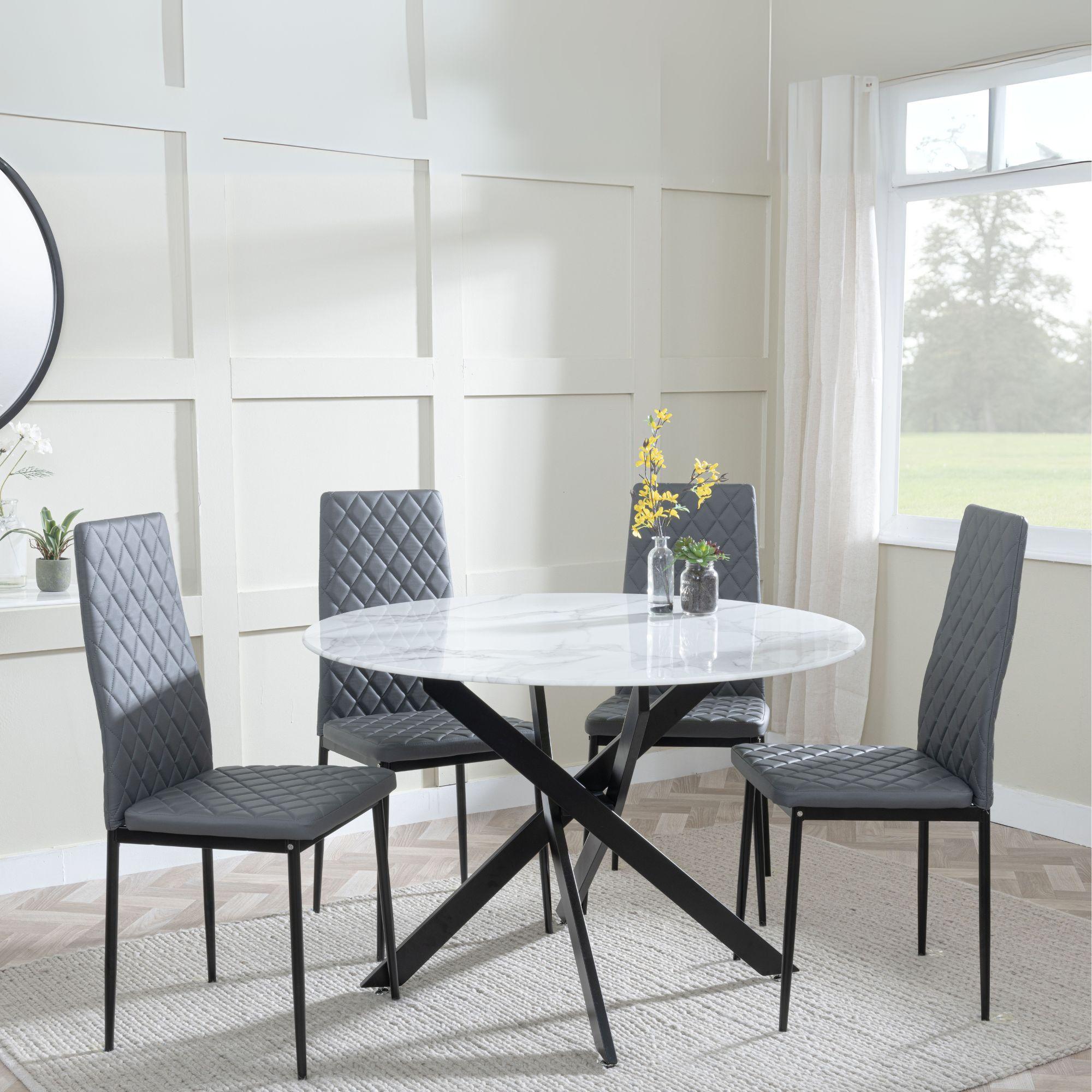 Clearance - Chopstick White Glass and Black Metal 4 Seater Round Dining Set - 4 Metro Grey Leather Chairs with Black Legs