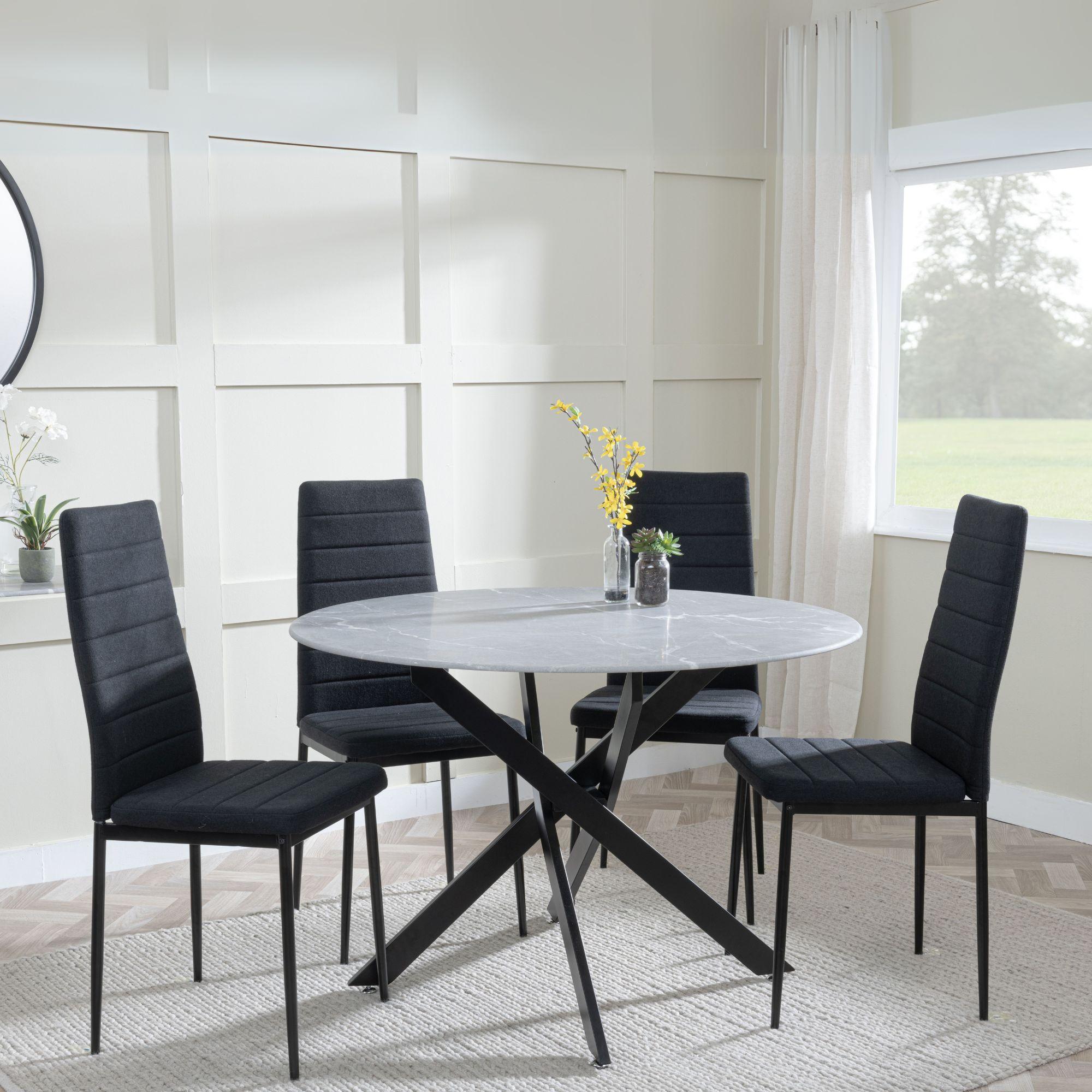Clearance - Chopstick Grey Glass and Black Metal 4 Seater Round Dining Set - 4 Lido Black Fabric Chairs with Black Legs