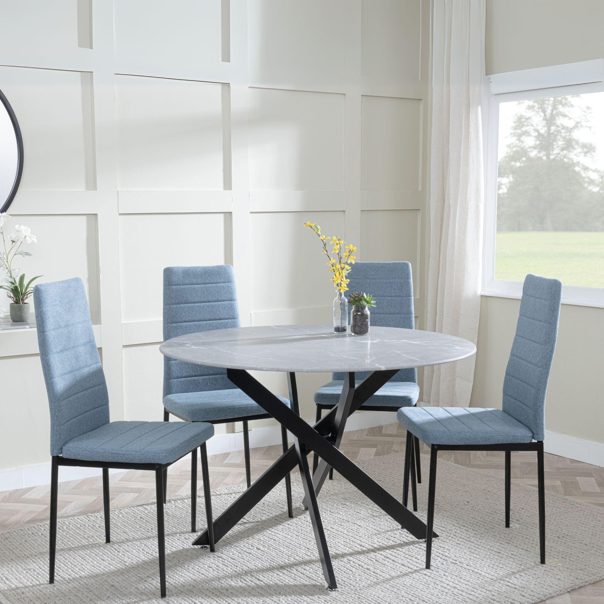 Clearance - Chopstick Grey Glass and Black Metal 4 Seater Round Dining Set - 4 Lido Blue Fabric Chairs with Black Legs