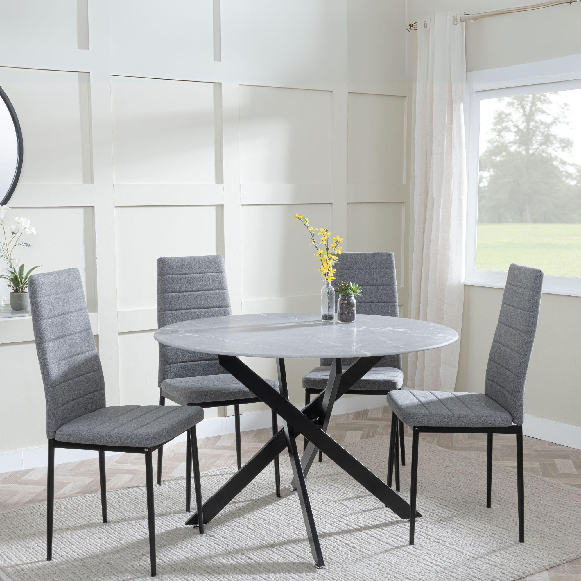 Clearance - Chopstick Grey Glass and Black Metal 4 Seater Round Dining Set - 4 Lido Dark Grey Fabric Chairs with Black Legs