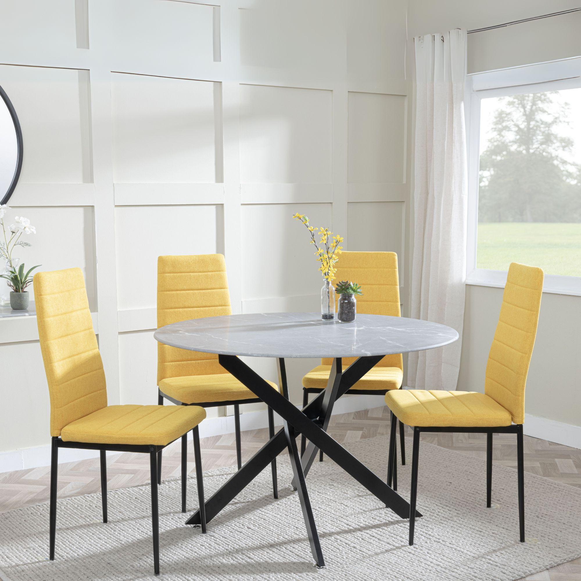 Clearance - Chopstick Grey Glass and Black Metal 4 Seater Round Dining Set - 4 Lido Yellow Fabric Chairs with Black Legs