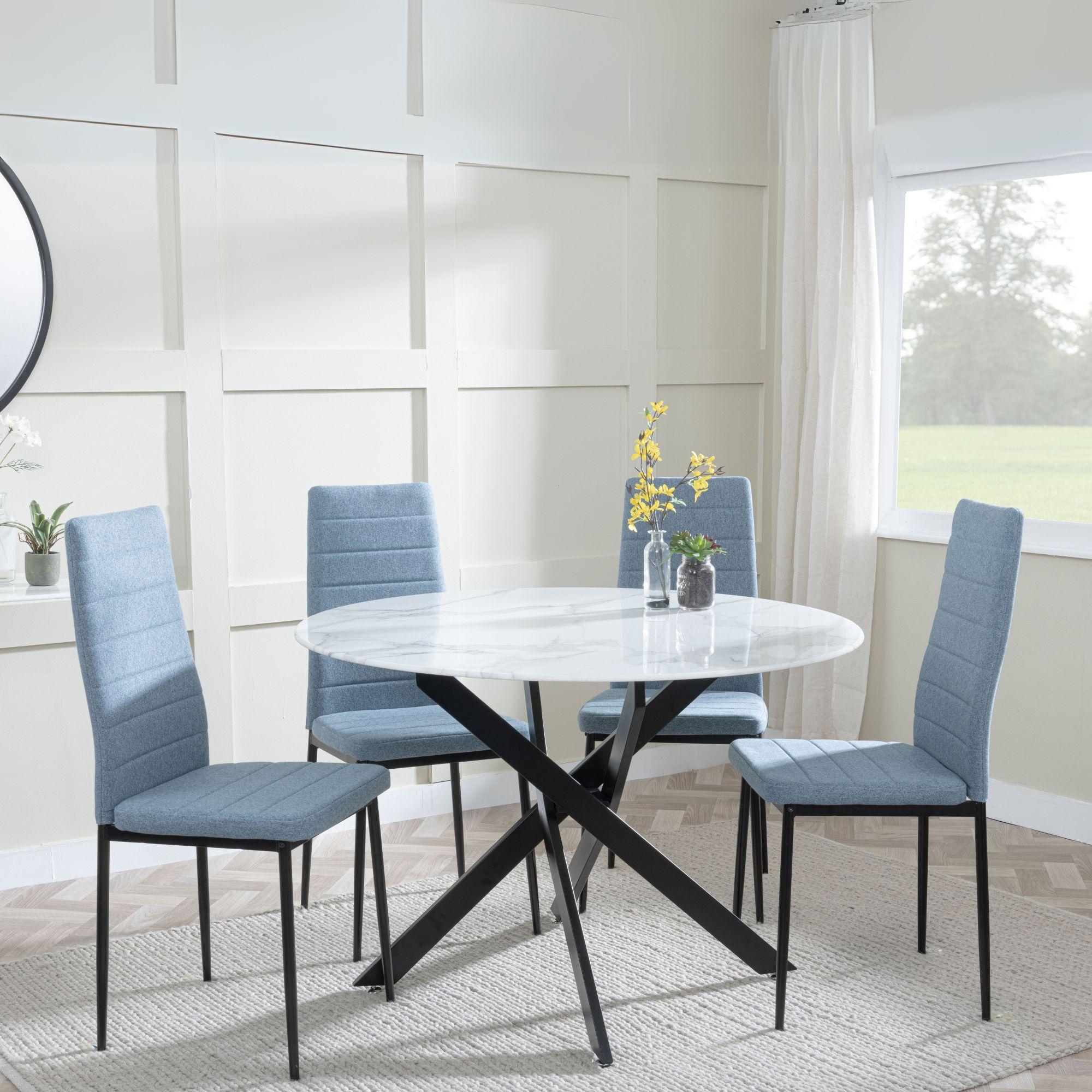 Clearance - Chopstick White Glass and Black Metal 4 Seater Round Dining Set - 4 Lido Blue Fabric Chairs with Black Legs