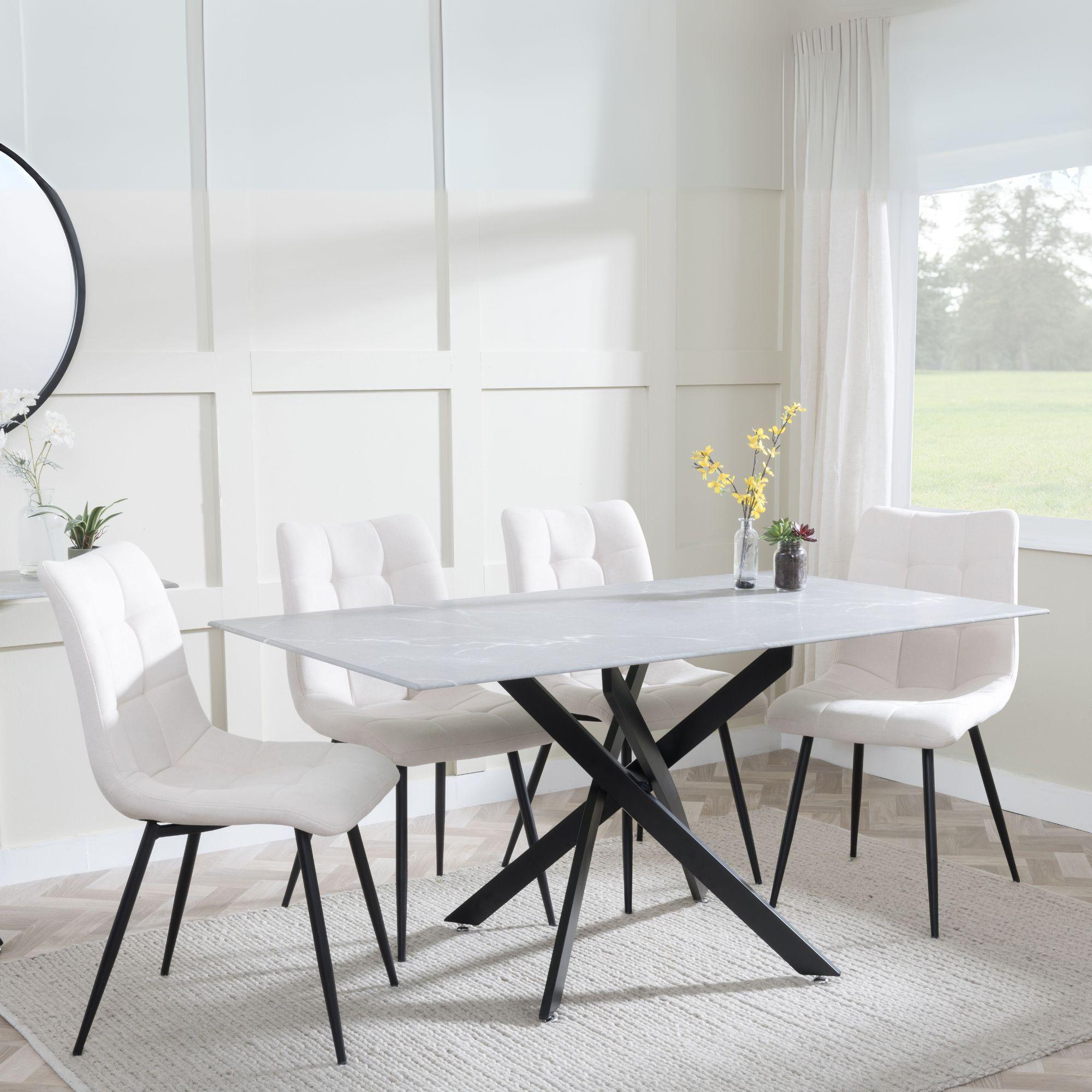 Clearance - Chopstick Grey Glass and Black Metal Dining Set - Corona Beige Fabric Chairs