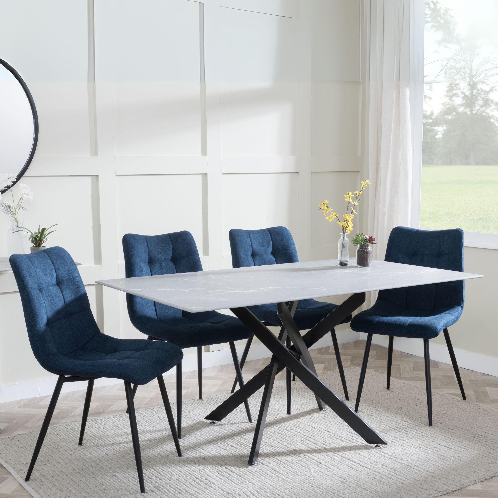 Clearance - Chopstick Grey Glass and Black Metal Dining Set - Corona Blue Fabric Chairs