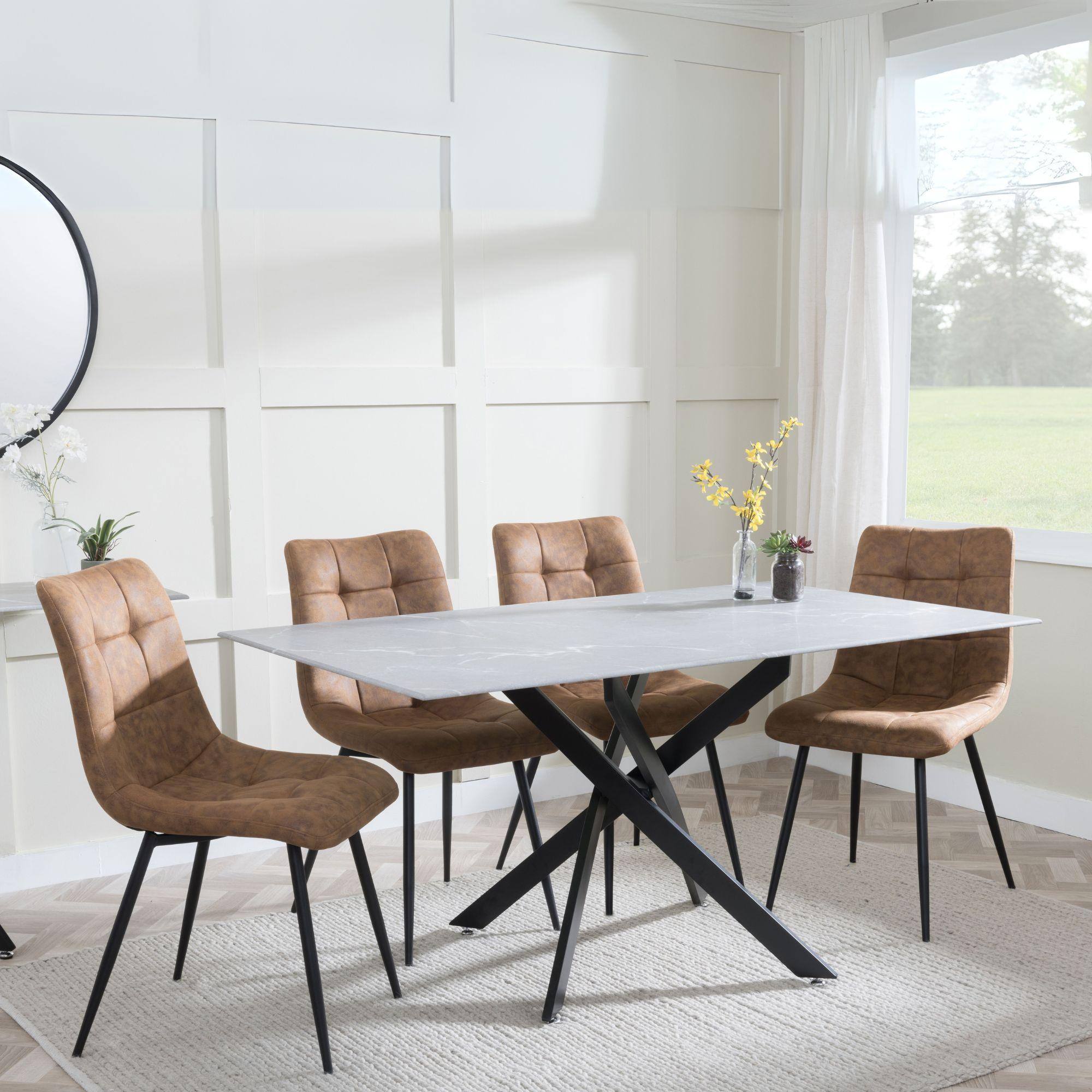 Clearance - Chopstick Grey Glass and Black Metal Dining Set - Corona Brown Fabric Chairs