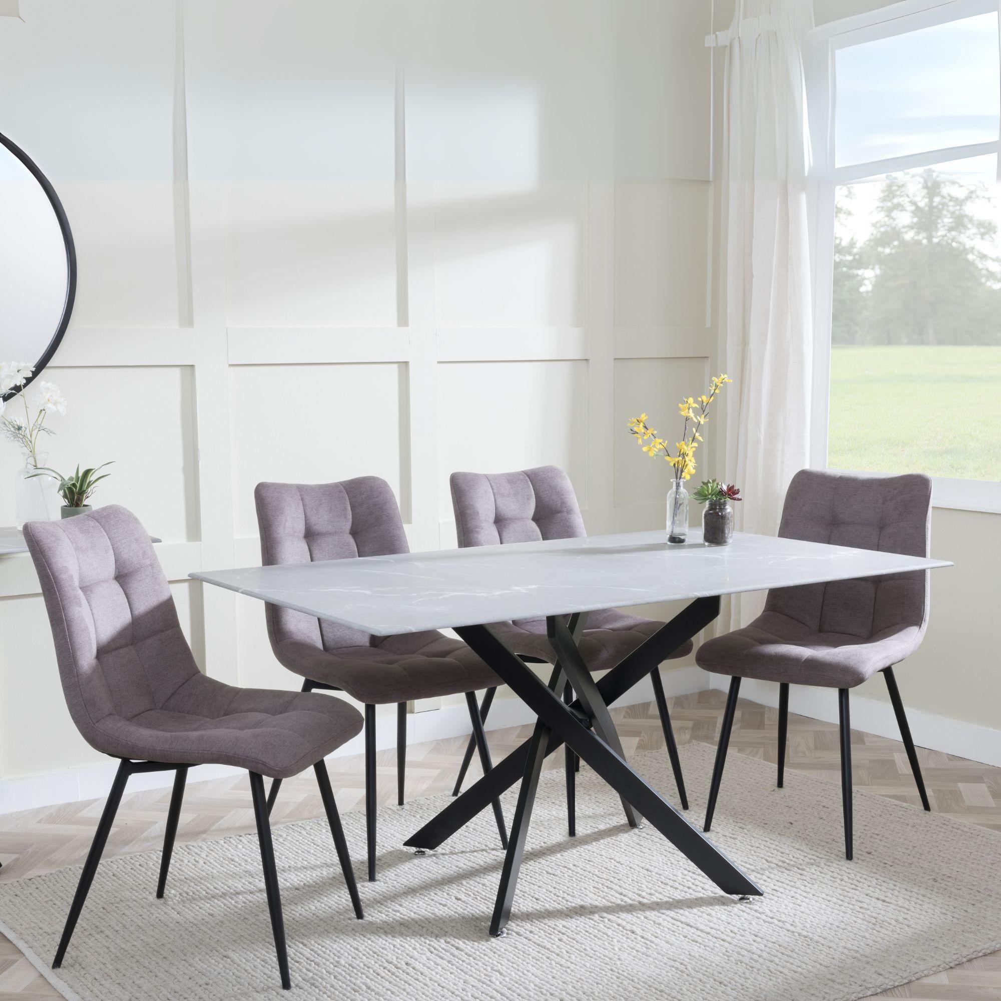 Clearance - Chopstick Grey Glass and Black Metal Dining Set - Corona Camel Fabric Chairs