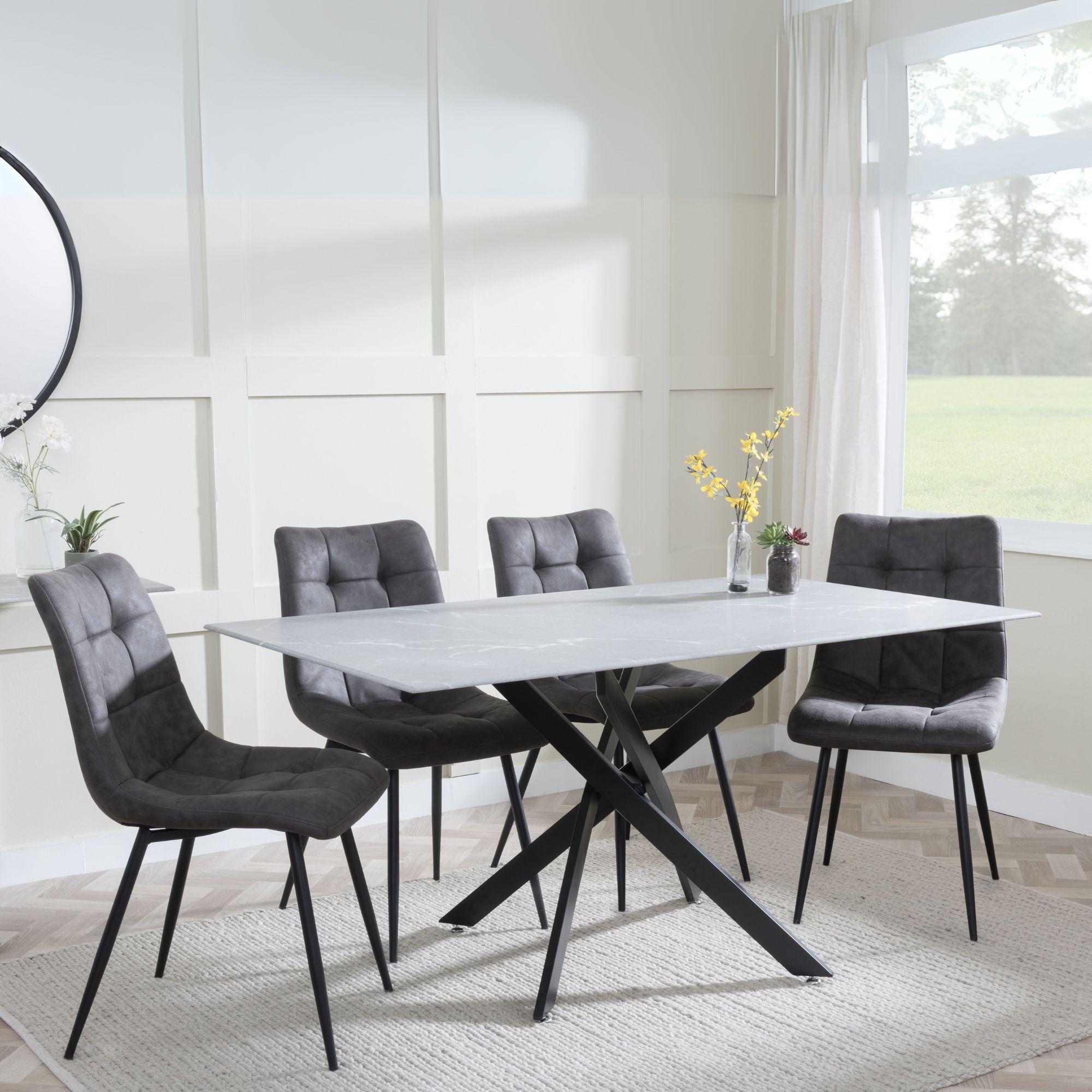 Clearance - Chopstick Grey Glass and Black Metal Dining Set - Corona Grey Fabric Chairs