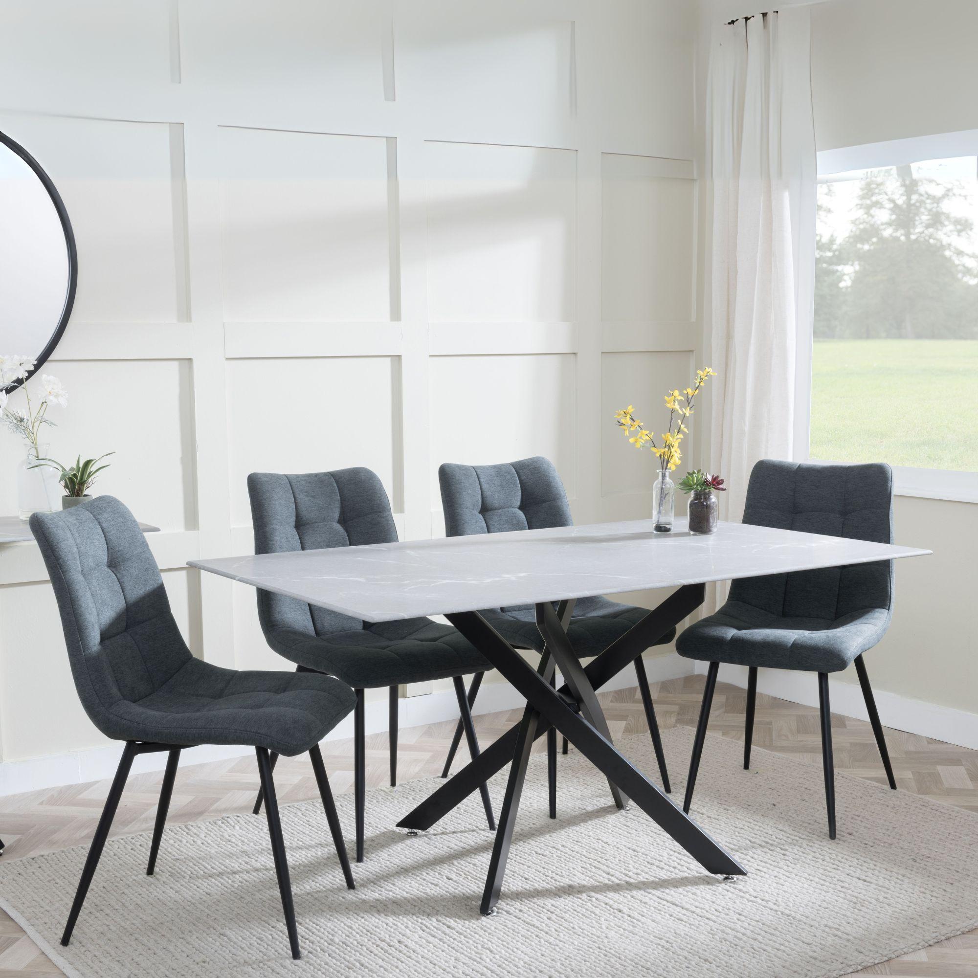 Clearance - Chopstick Grey Glass and Black Metal Dining Set - Corona Light Grey Fabric Chairs