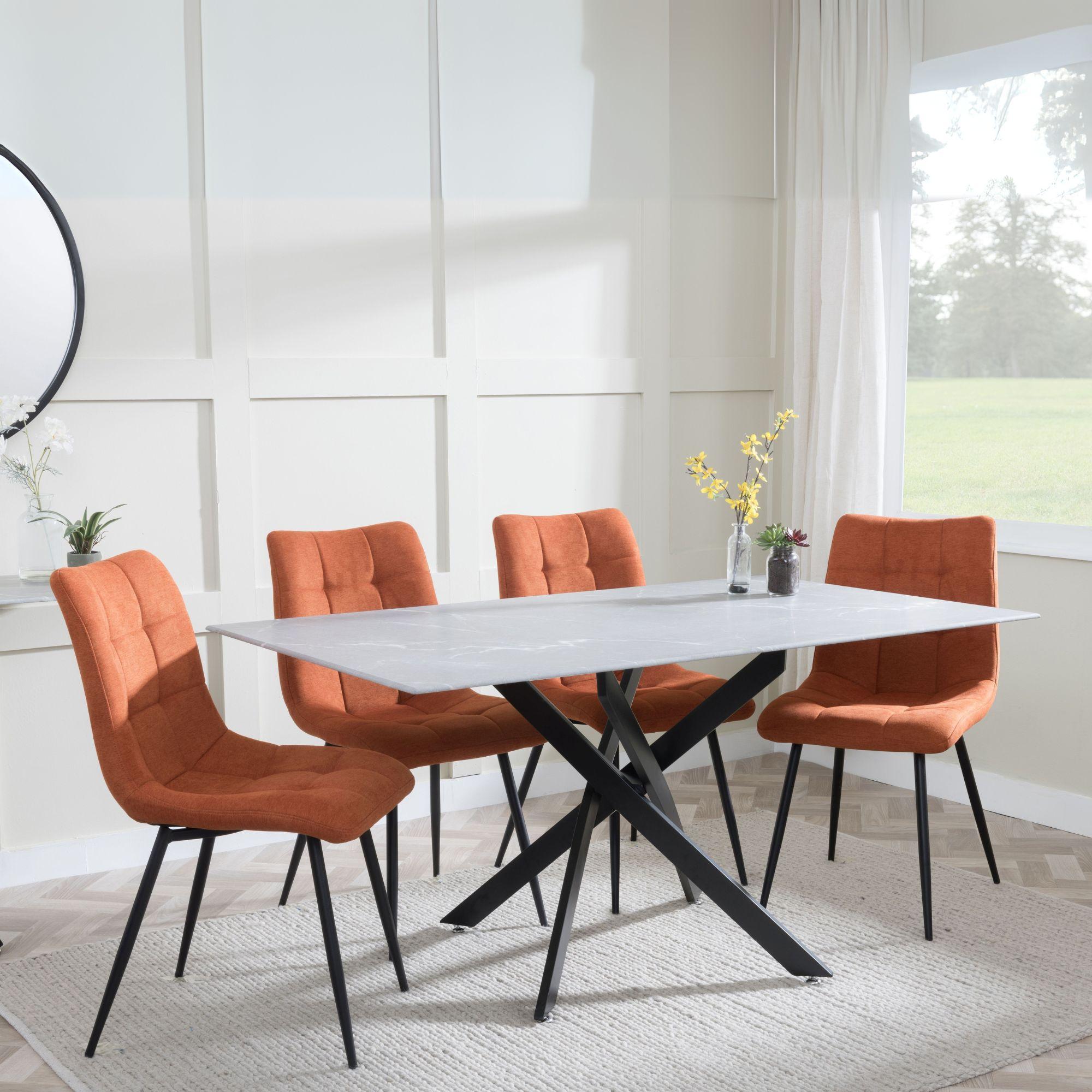Clearance - Chopstick Grey Glass and Black Metal Dining Set - Corona Orange Fabric Chairs