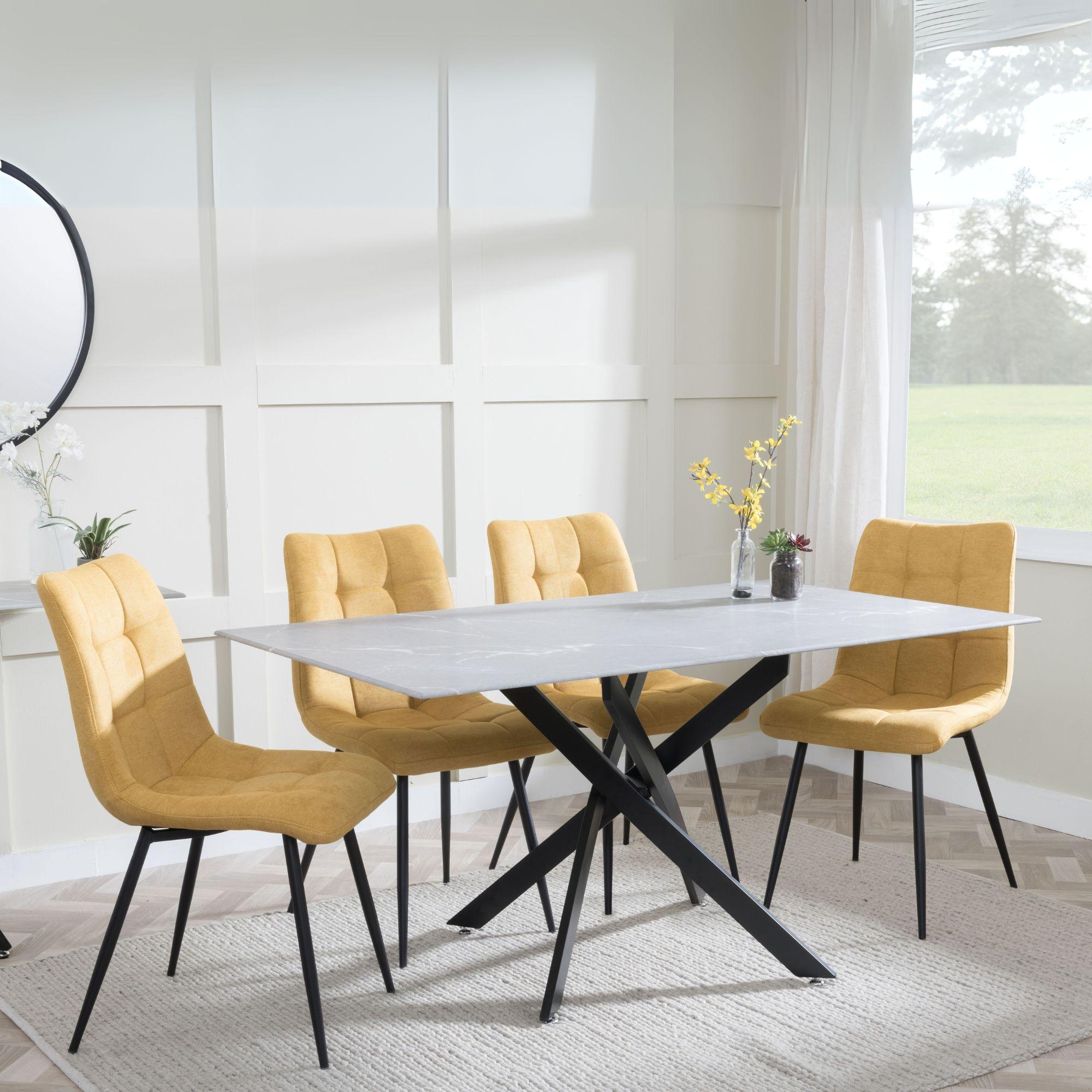 Clearance - Chopstick Grey Glass and Black Metal Dining Set - Corona Yellow Fabric Chairs