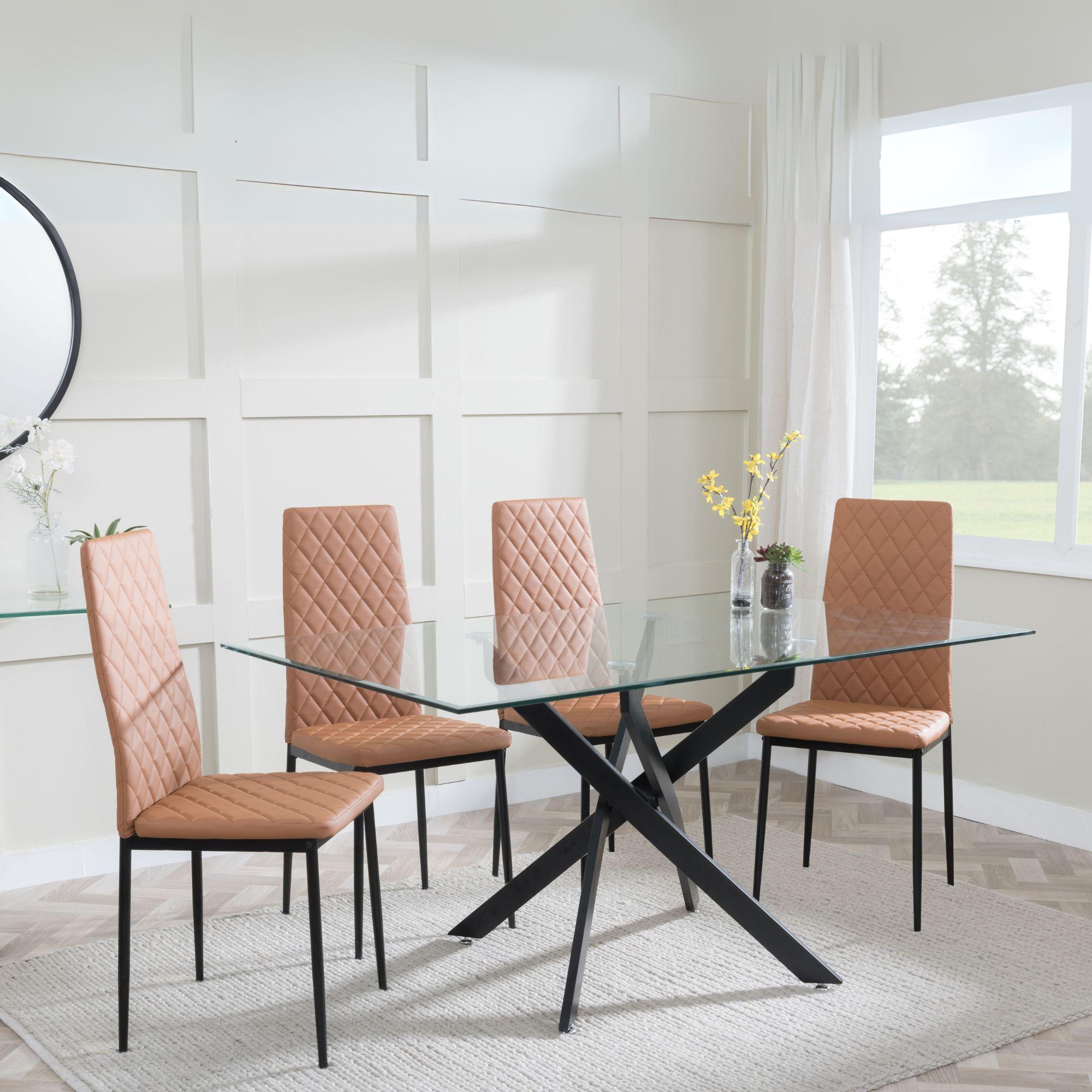 Clearance - Chopstick Clear Glass and Black Metal Dining Set - Metro Burnt Orange Leather Chairs with Black Legs