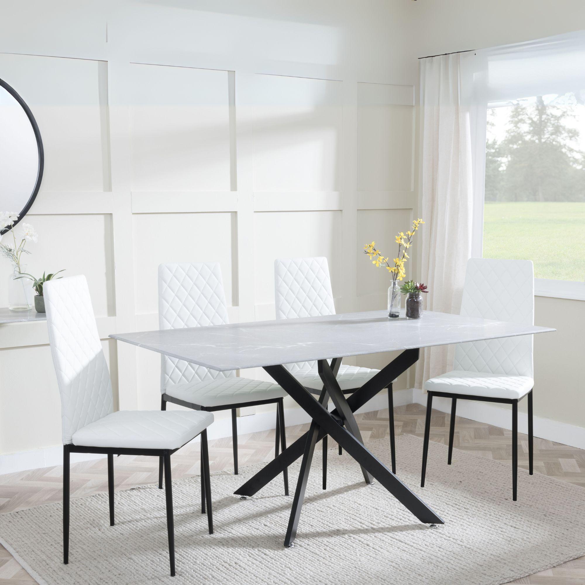 Clearance - Chopstick Grey Glass and Black Metal Dining Set - Metro White Leather Chairs with Black Legs