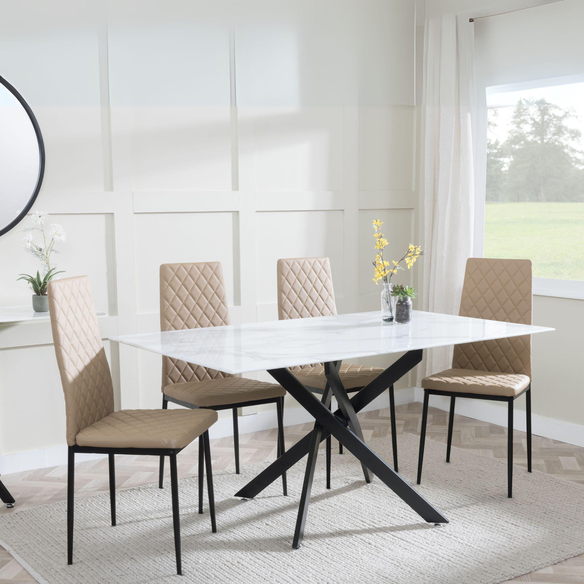 Clearance - Chopstick White Glass and Black Metal Dining Set - Metro Cappuccino Leather Chairs with Black Legs