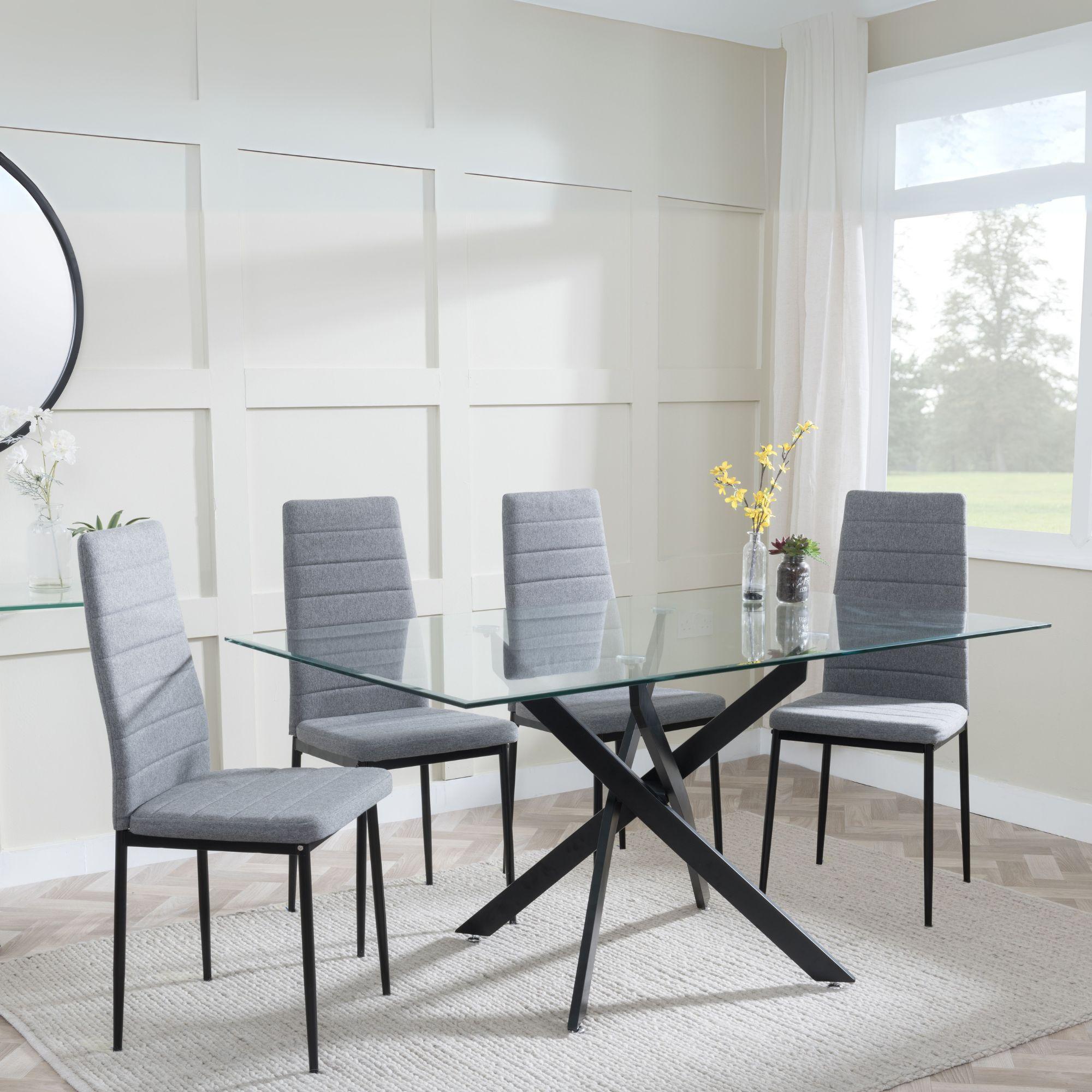 Clearance - Chopstick Clear Glass and Black Metal Dining Set - Lido Dark Grey Fabric Chairs with Black Legs