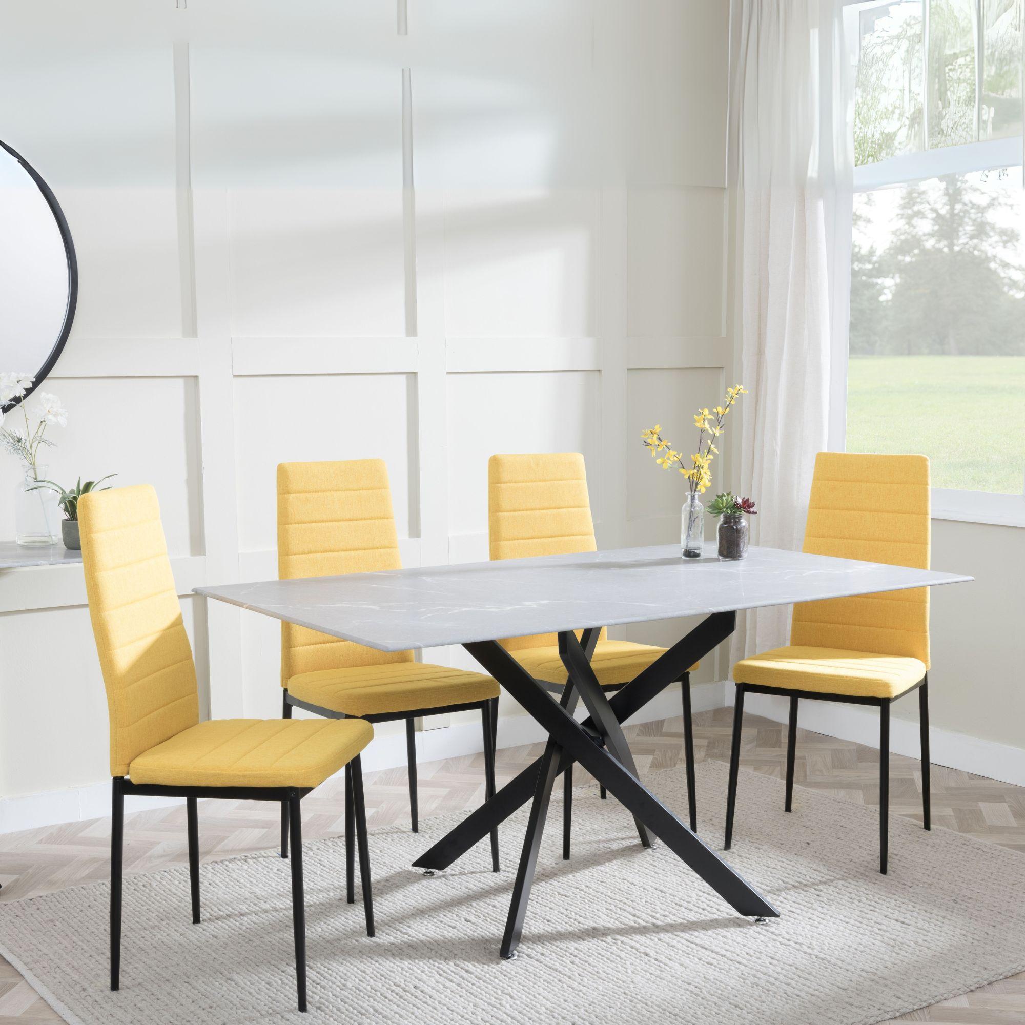 Clearance - Chopstick Grey Glass and Black Metal Dining Set - Lido Yellow Fabric Chairs with Black Legs