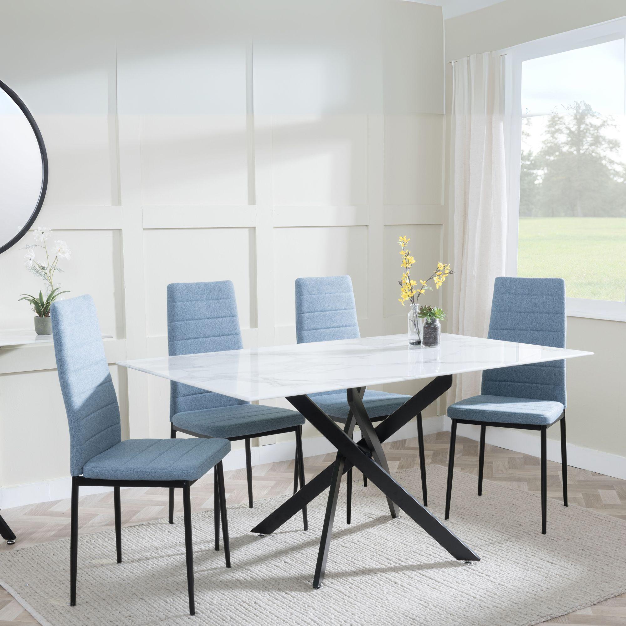 Clearance - Chopstick White Glass and Black Metal Dining Set - Lido Blue Fabric Chairs with Black Legs