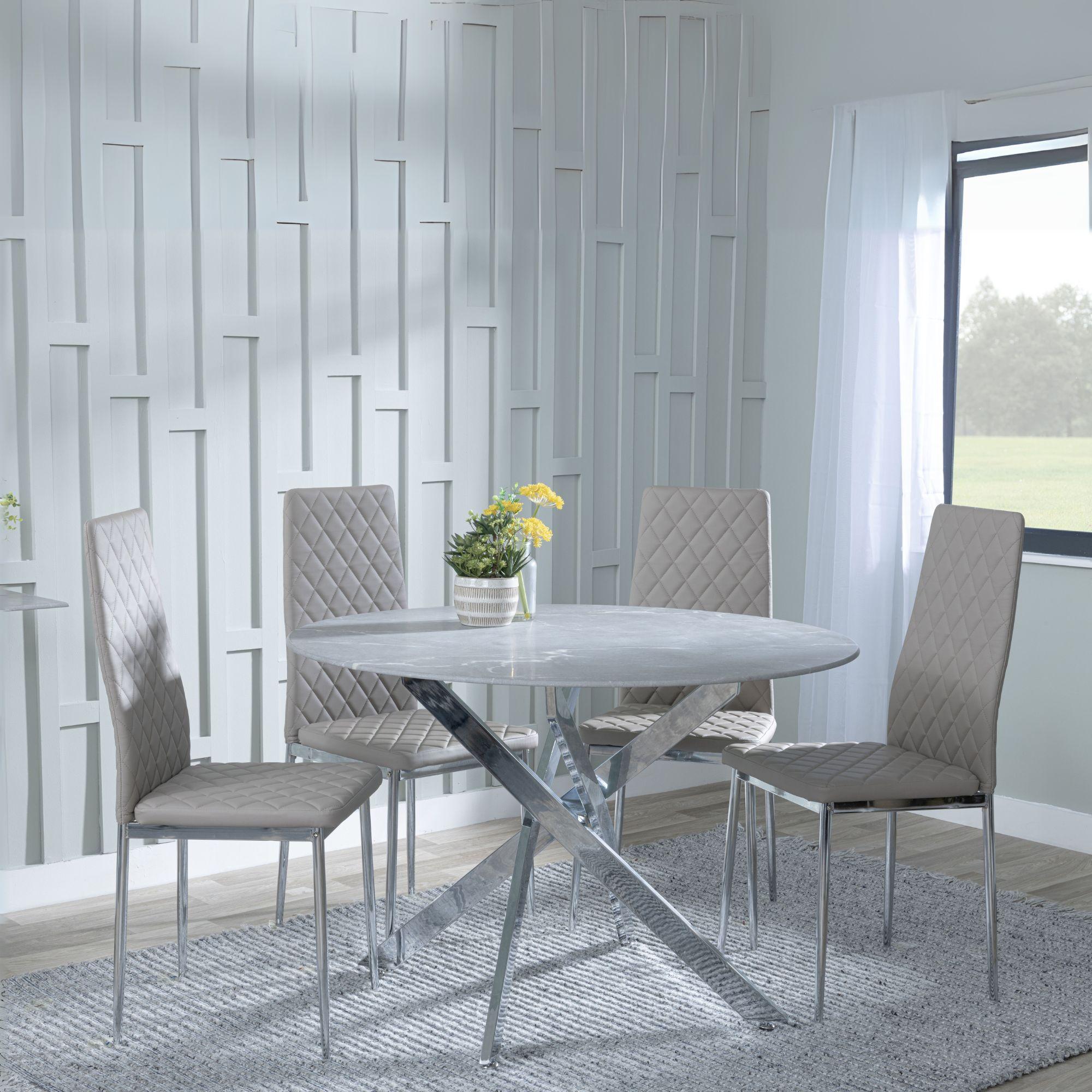 Clearance - Chopstick Grey Glass and Chrome Metal 4 Seater Round Dining Set - 4 Metro Beige Leather Chairs with Chrome Legs