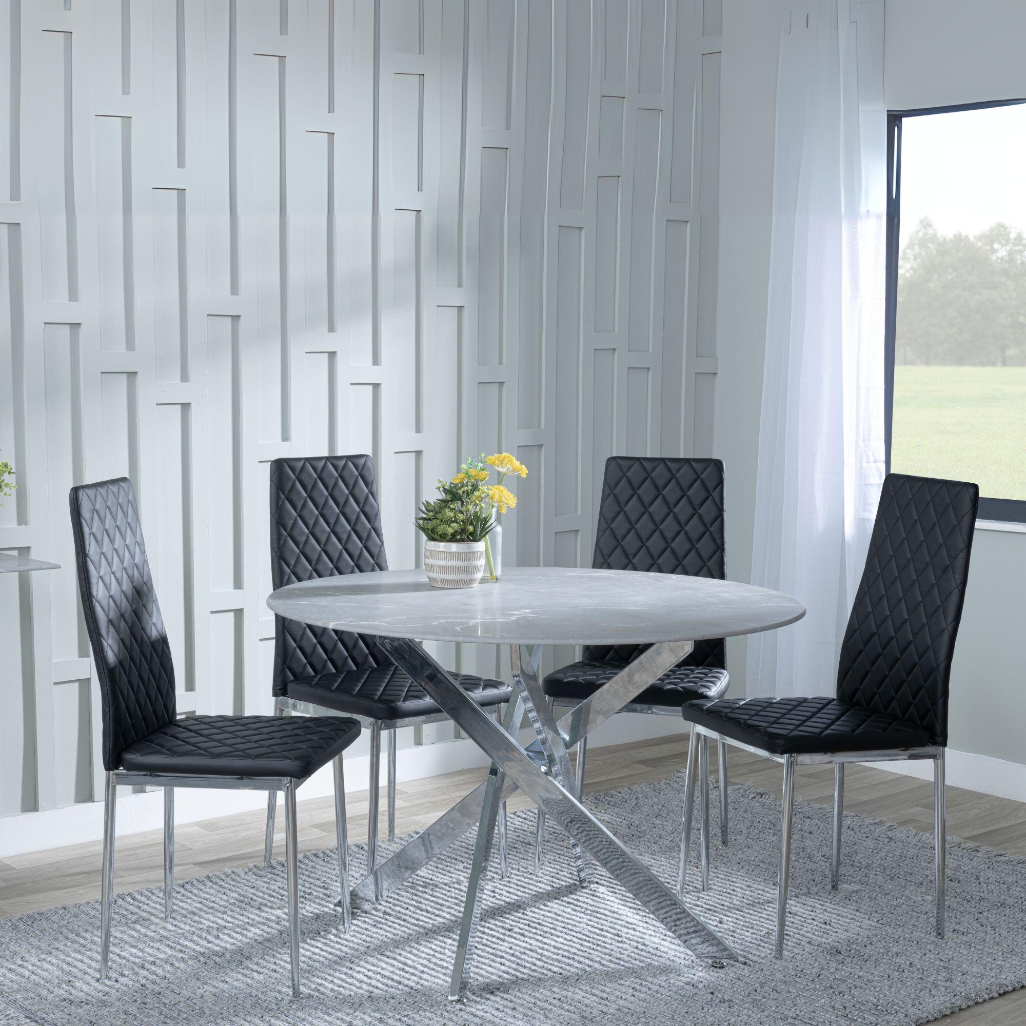 Clearance - Chopstick Grey Glass and Chrome Metal 4 Seater Round Dining Set - 4 Metro Black Leather Chairs with Chrome Legs