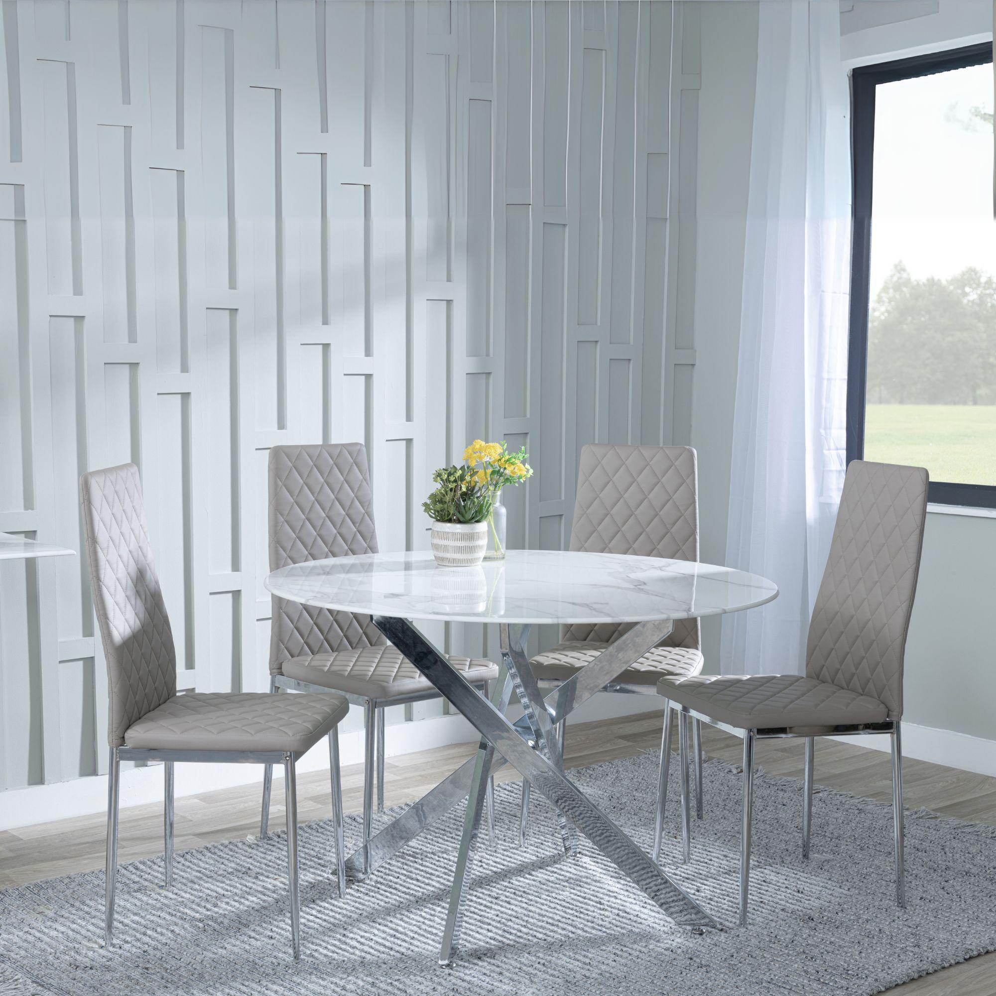 Clearance - Chopstick White Glass and Chrome Metal 4 Seater Round Dining Set - 4 Metro Beige Leather Chairs with Chrome Legs
