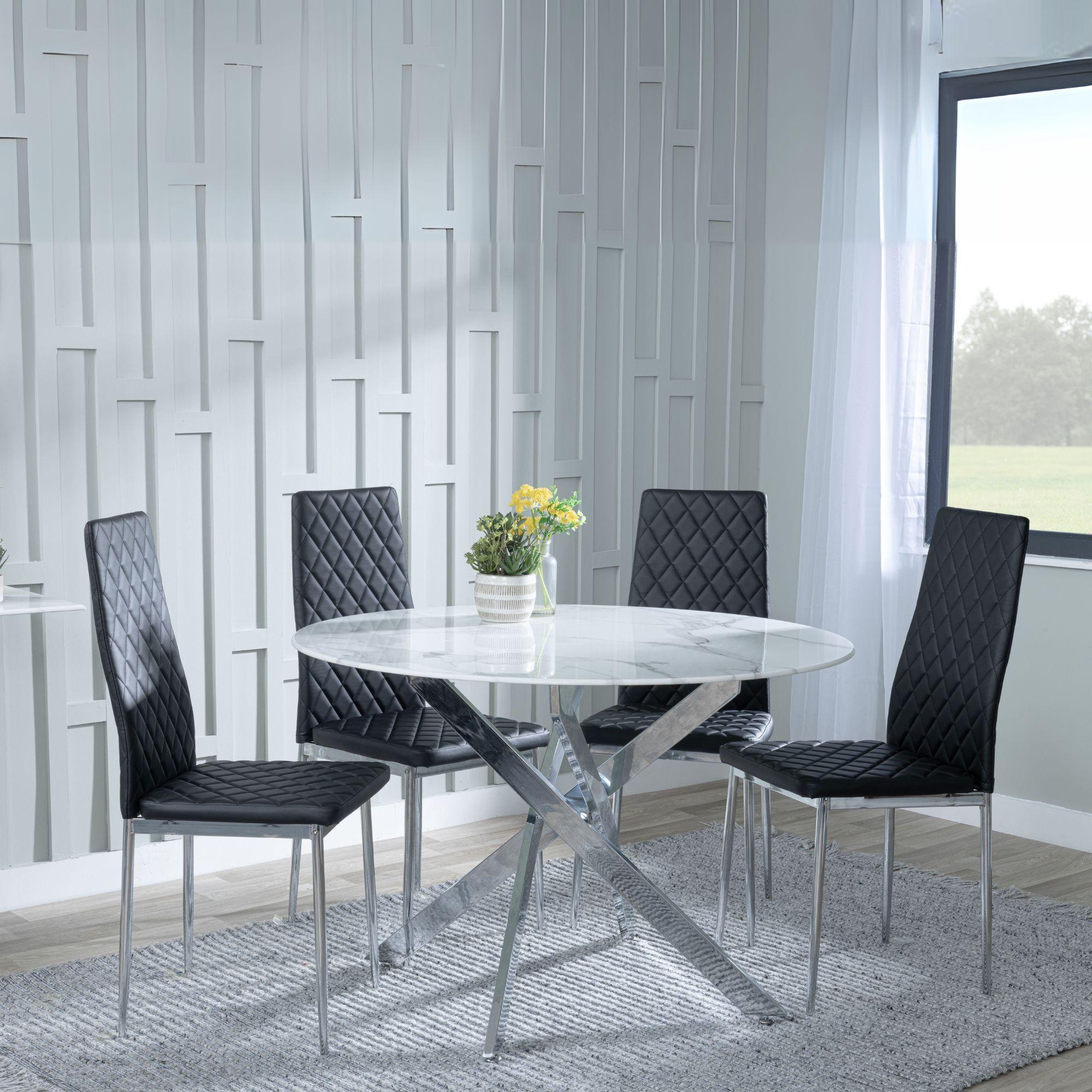 Clearance - Chopstick White Glass and Chrome Metal 4 Seater Round Dining Set - 4 Metro Black Leather Chairs with Chrome Legs