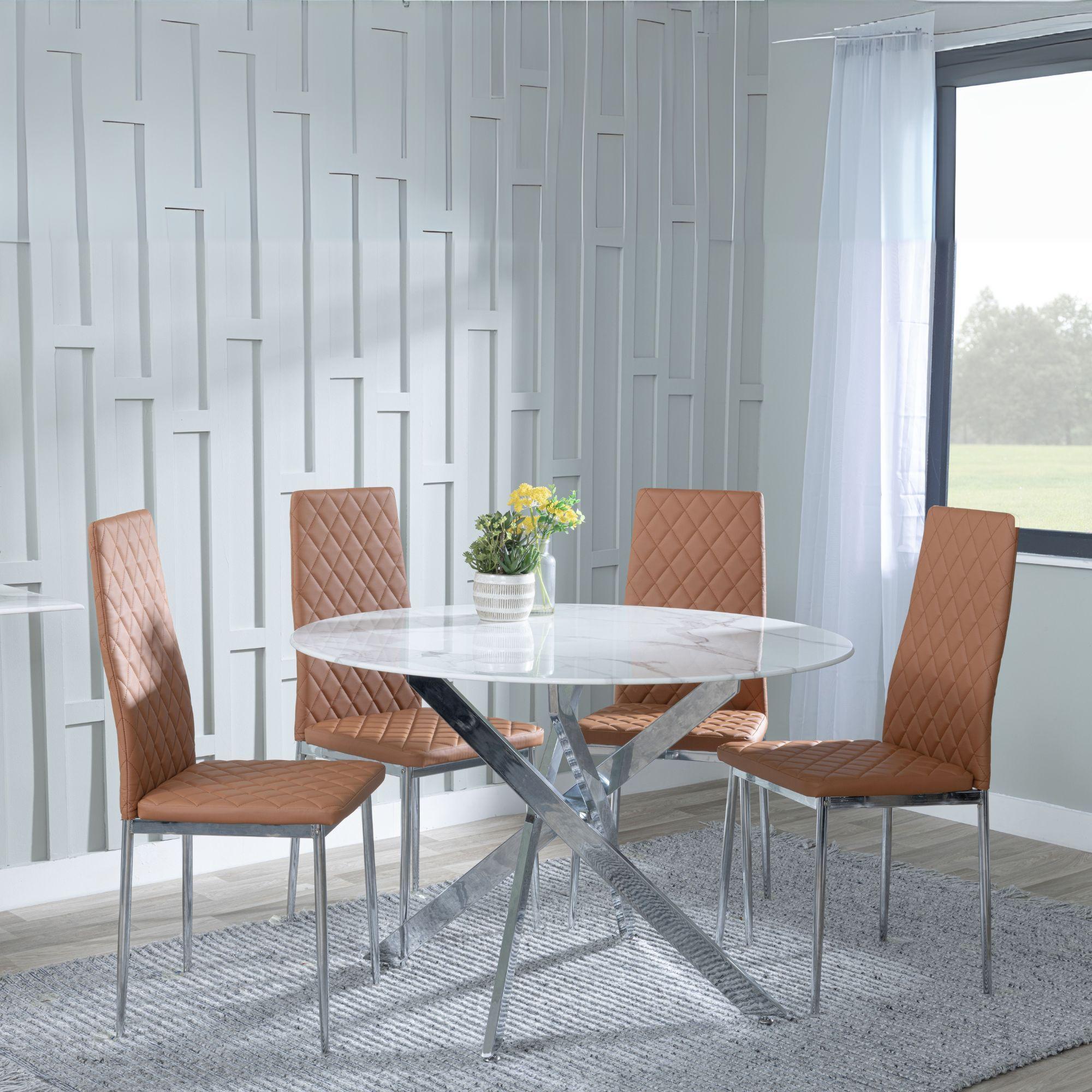 Clearance - Chopstick White Glass and Chrome Metal 4 Seater Round Dining Set - 4 Metro Burnt Orange Leather Chairs with Chrome Legs