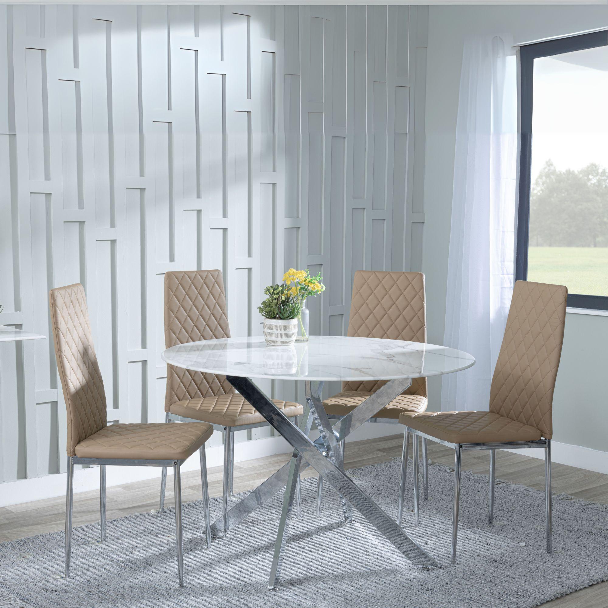 Clearance - Chopstick White Glass and Chrome Metal 4 Seater Round Dining Set - 4 Metro Cappuccino Leather Chairs with Chrome Legs