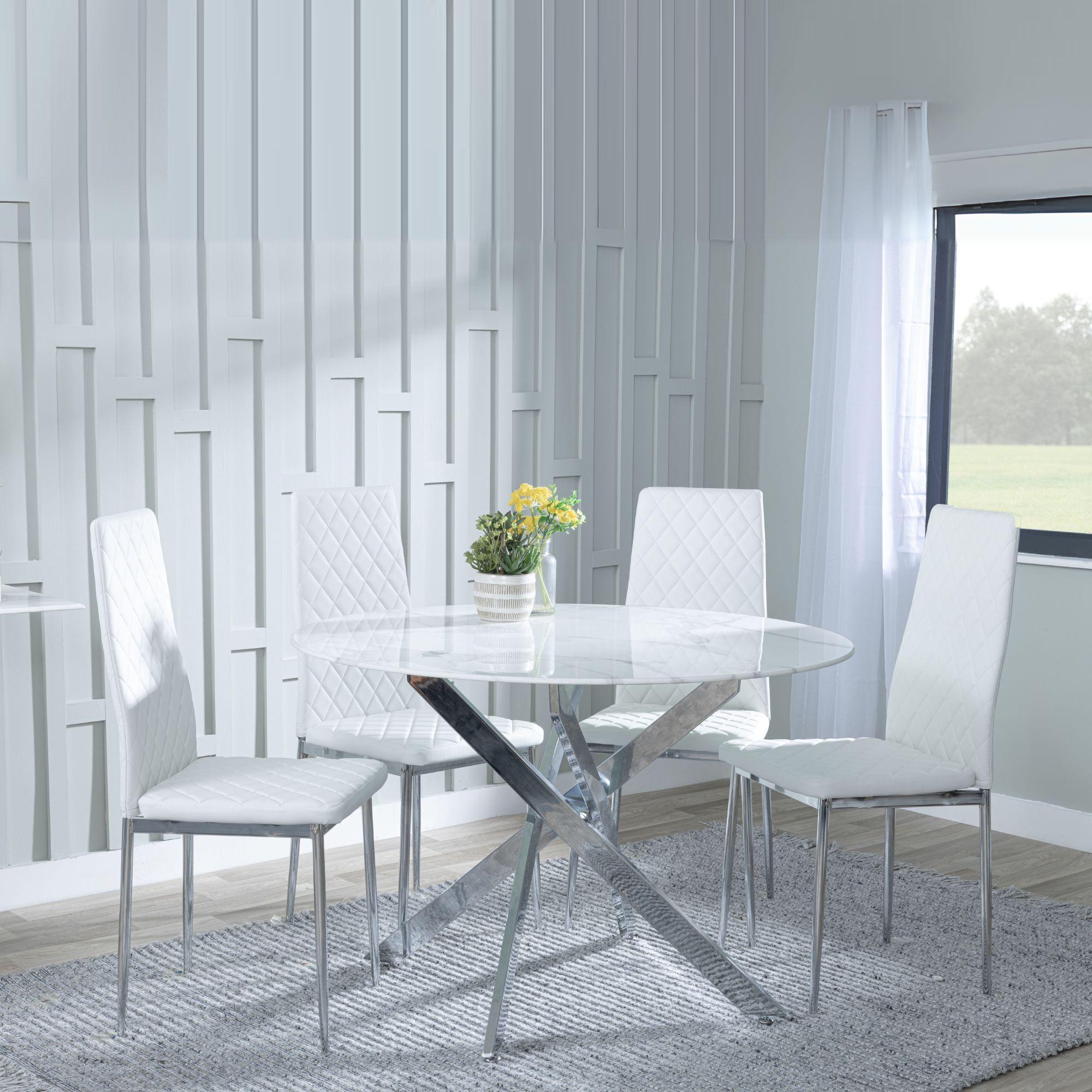 Clearance - Chopstick White Glass and Chrome Metal 4 Seater Round Dining Set - 4 Metro White Leather Chairs with Chrome Legs