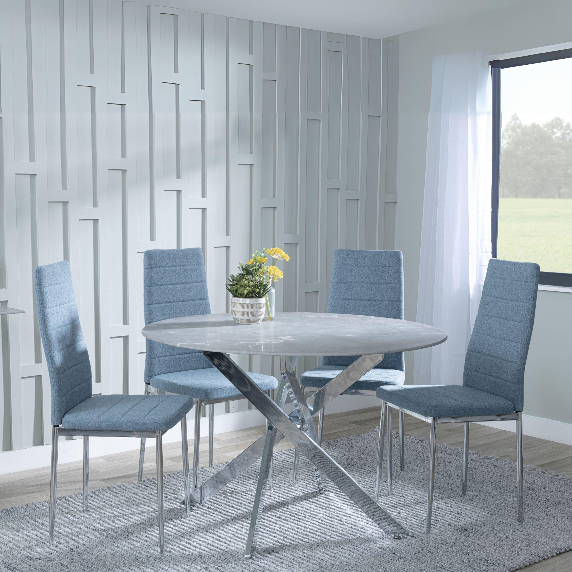 Clearance - Chopstick Grey Glass and Chrome Metal 4 Seater Round Dining Set - 4 Lido Blue Fabric Chairs with Chrome Legs