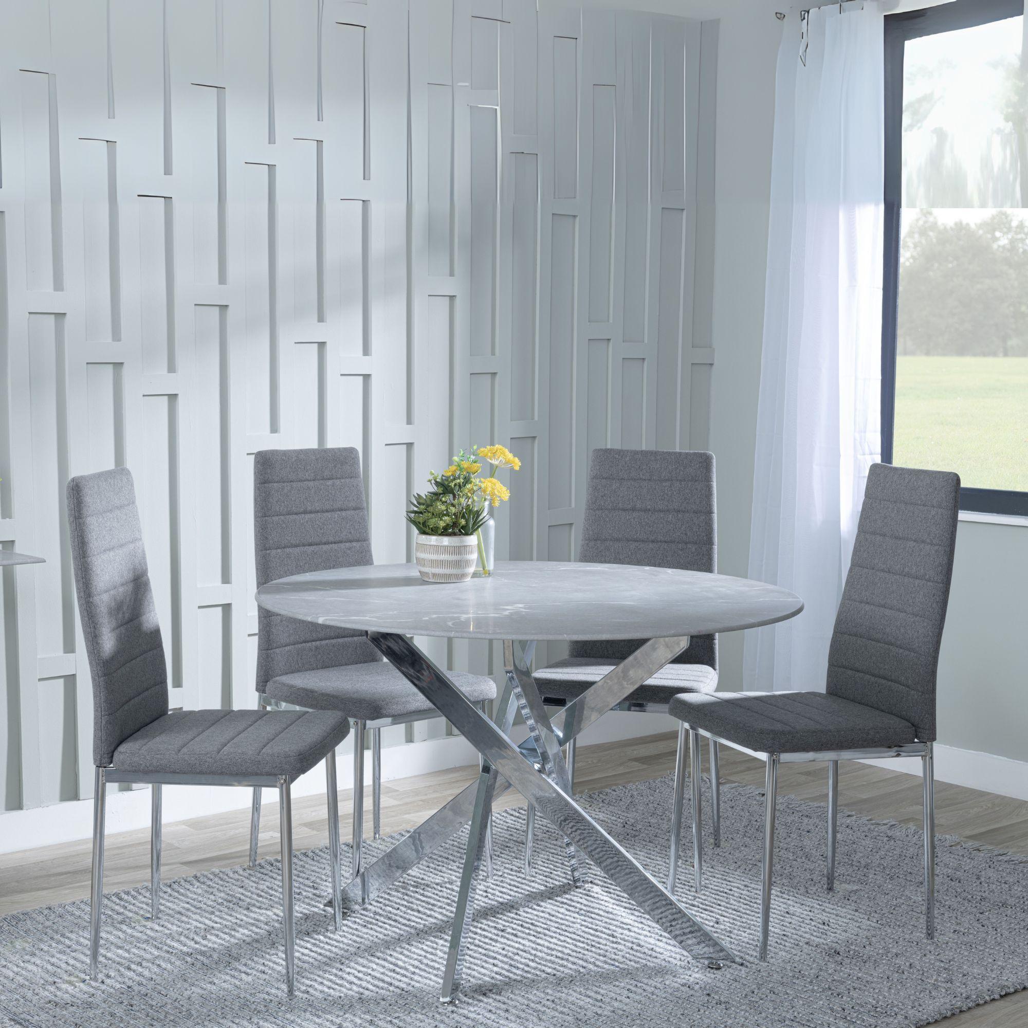 Clearance - Chopstick Grey Glass and Chrome Metal 4 Seater Round Dining Set - 4 Lido Dark Grey Fabric Chairs with Chrome Legs