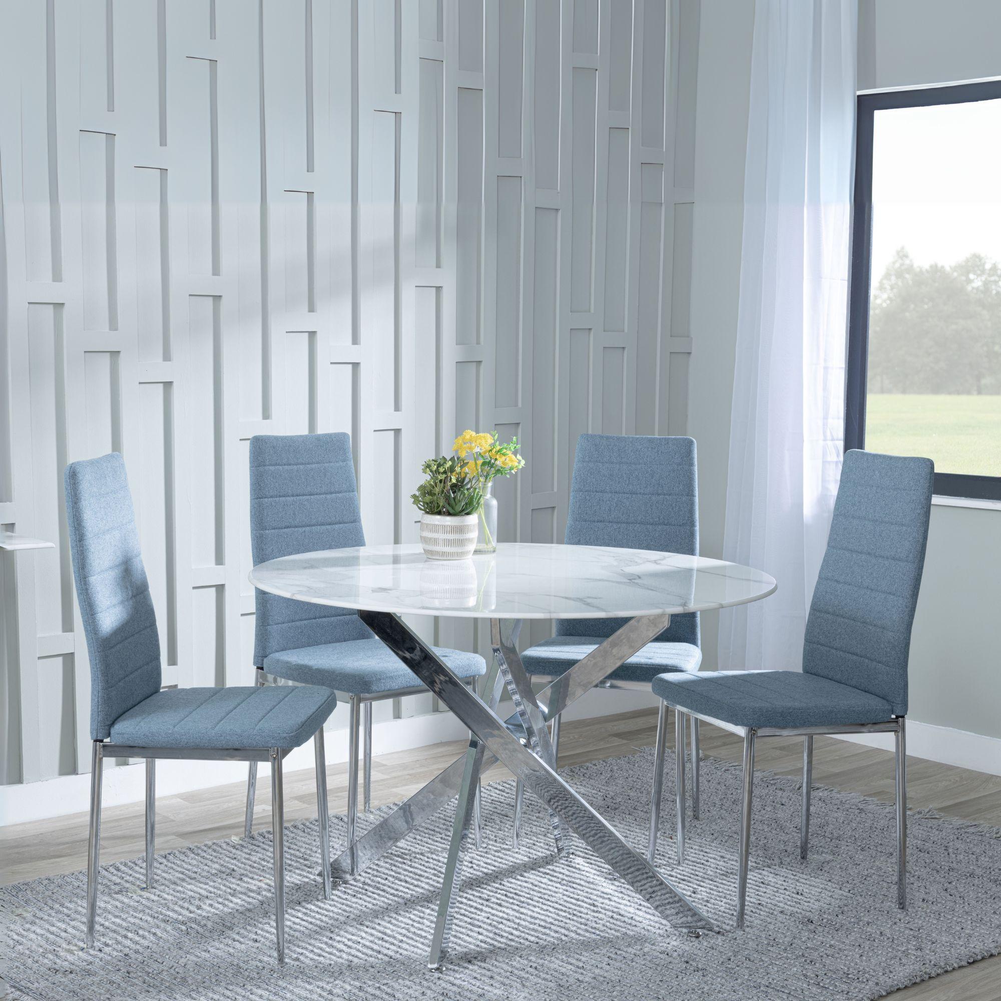 Clearance - Chopstick White Glass and Chrome Metal 4 Seater Round Dining Set - 4 Lido Blue Fabric Chairs with Chrome Legs