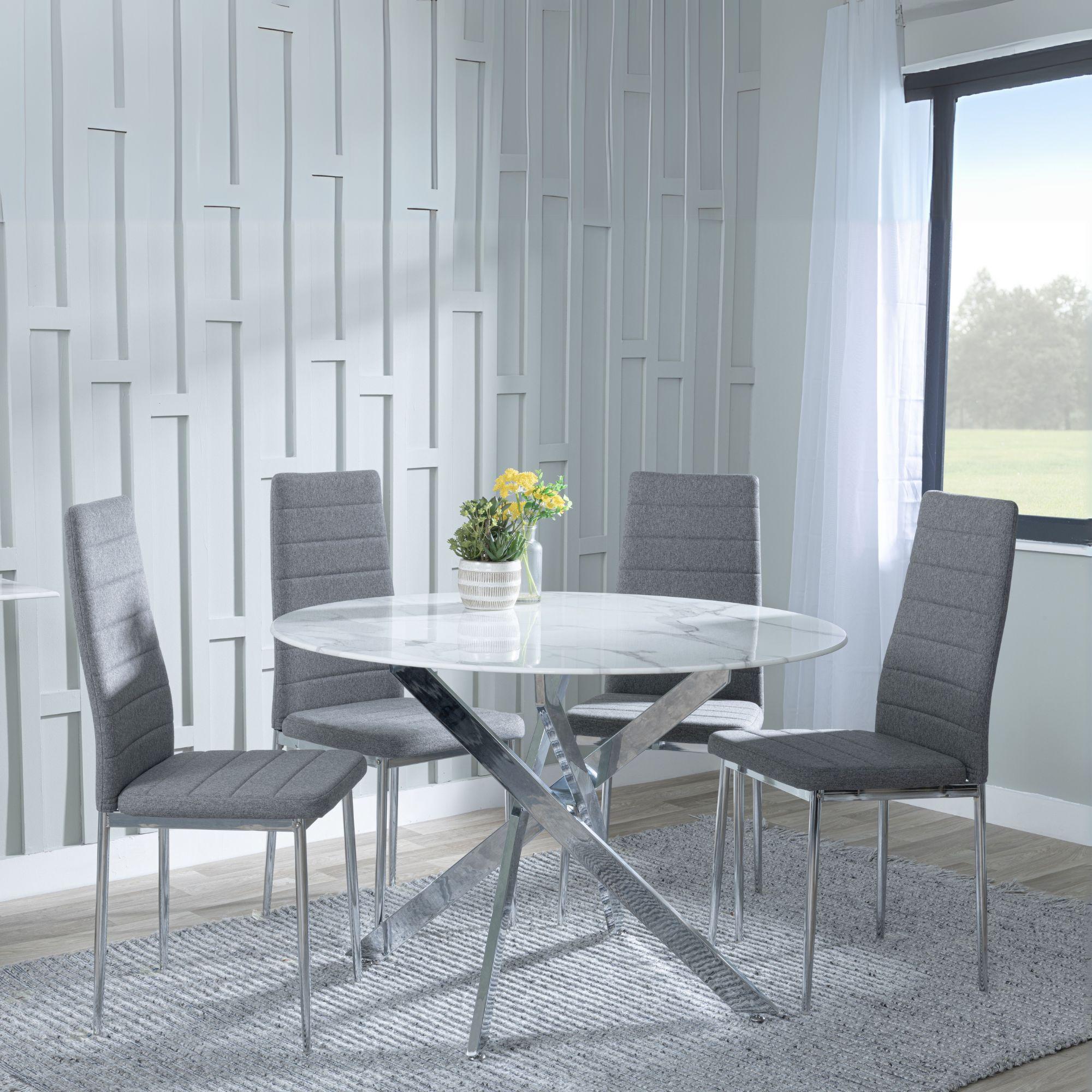 Clearance - Chopstick White Glass and Chrome Metal 4 Seater Round Dining Set - 4 Lido Dark Grey Fabric Chairs with Chrome Legs