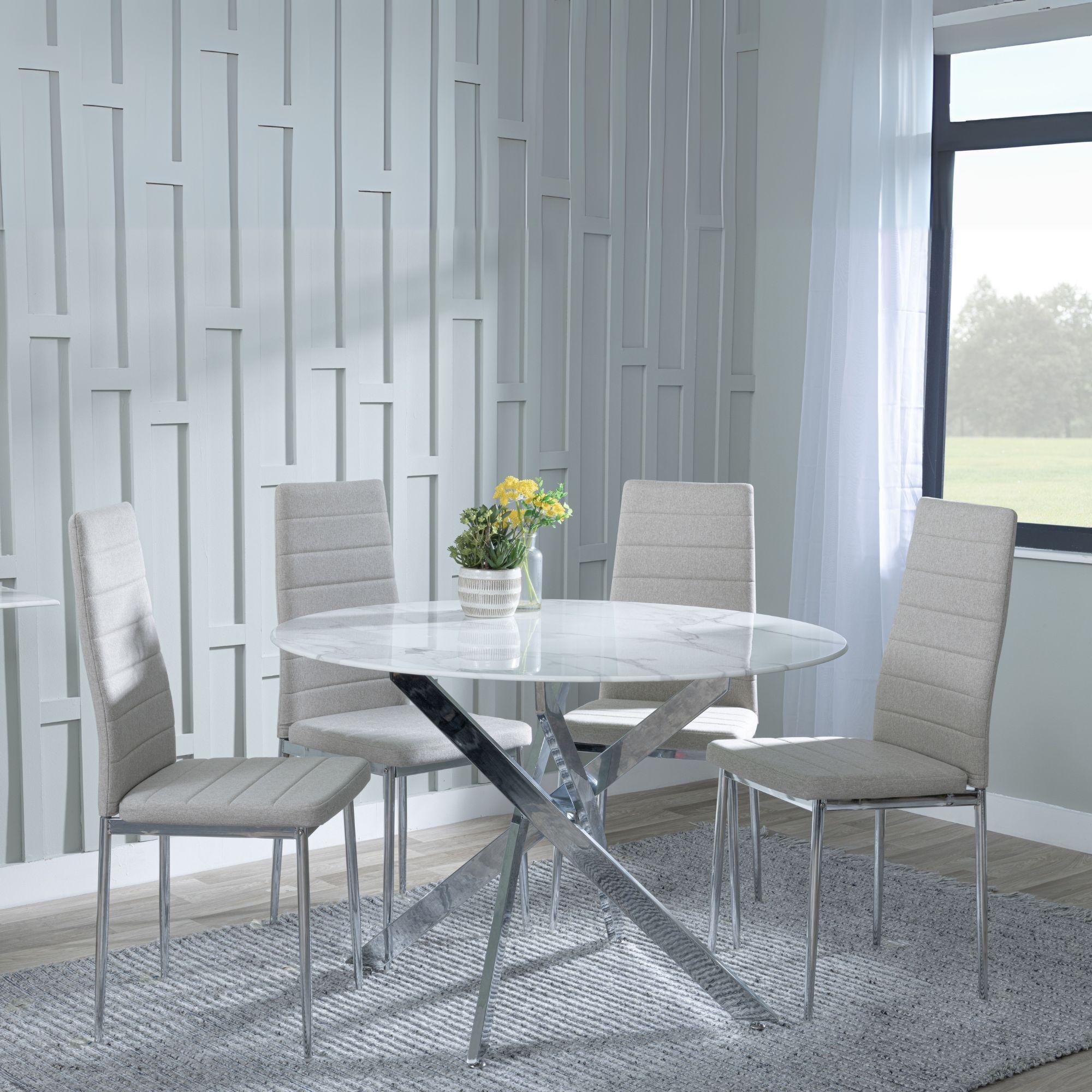 Clearance - Chopstick White Glass and Chrome Metal 4 Seater Round Dining Set - 4 Lido Sand Fabric Chairs with Chrome Legs