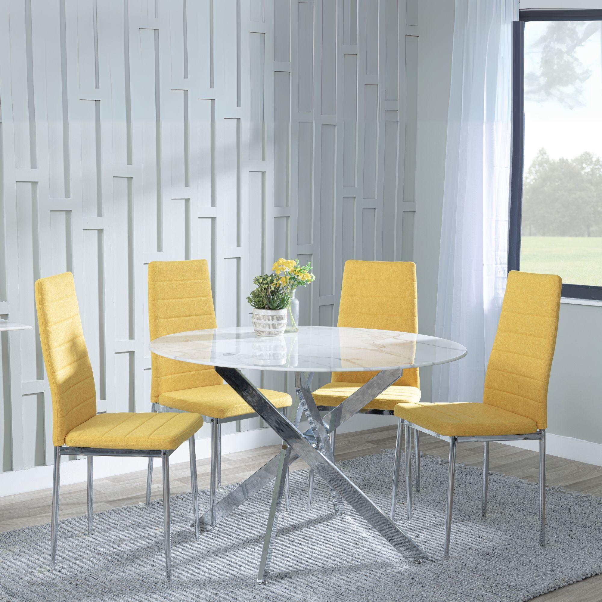 Clearance - Chopstick White Glass and Chrome Metal 4 Seater Round Dining Set - 4 Lido Yellow Fabric Chairs with Chrome Legs